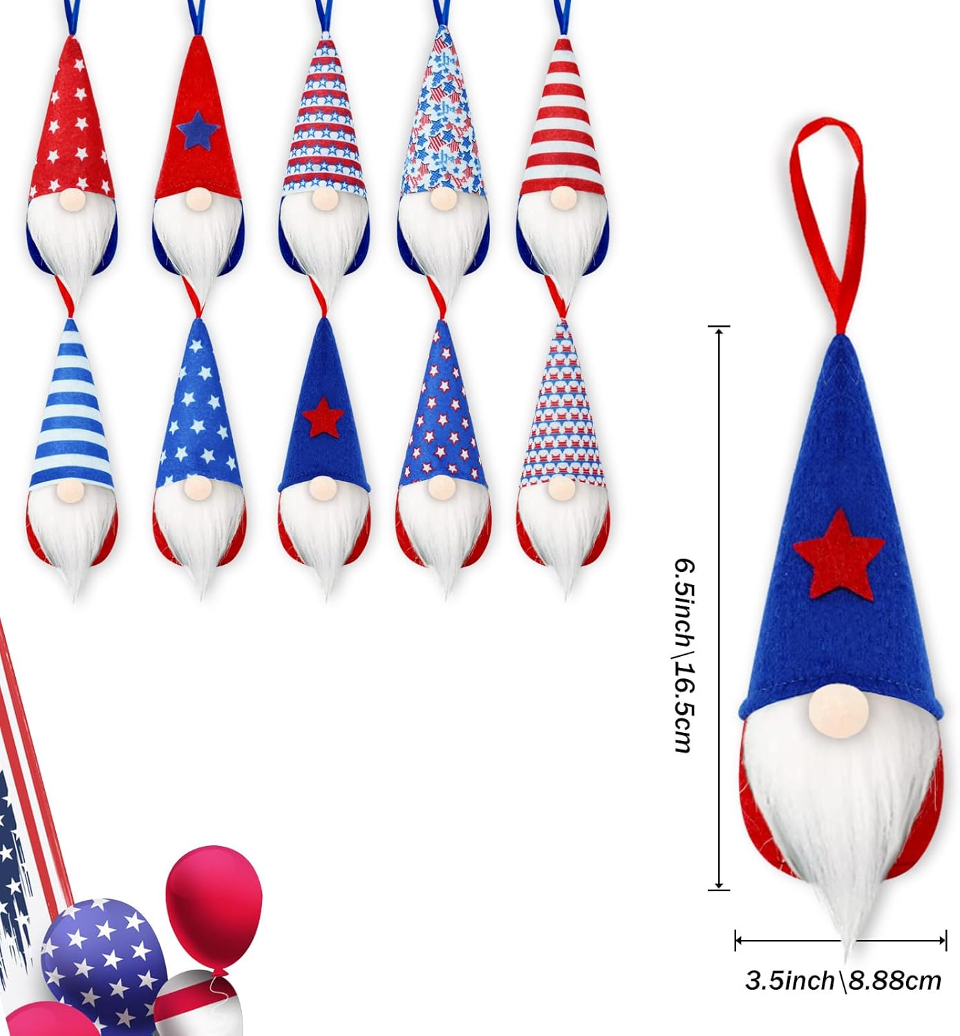 Patriotic Gnome Ornaments 10 Pack Red White Blue Decor