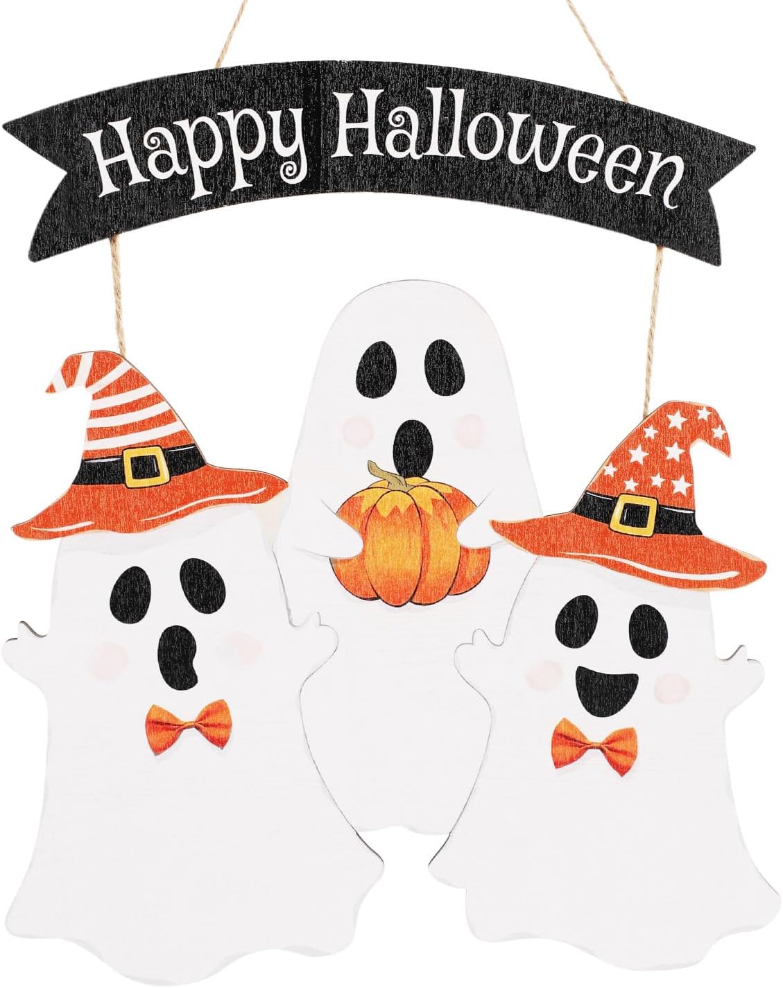 Ghost Halloween Door Sign Cute Happy Halloween Front Door Hanger Wooden Boo Decoration for Wall Porch Wreath