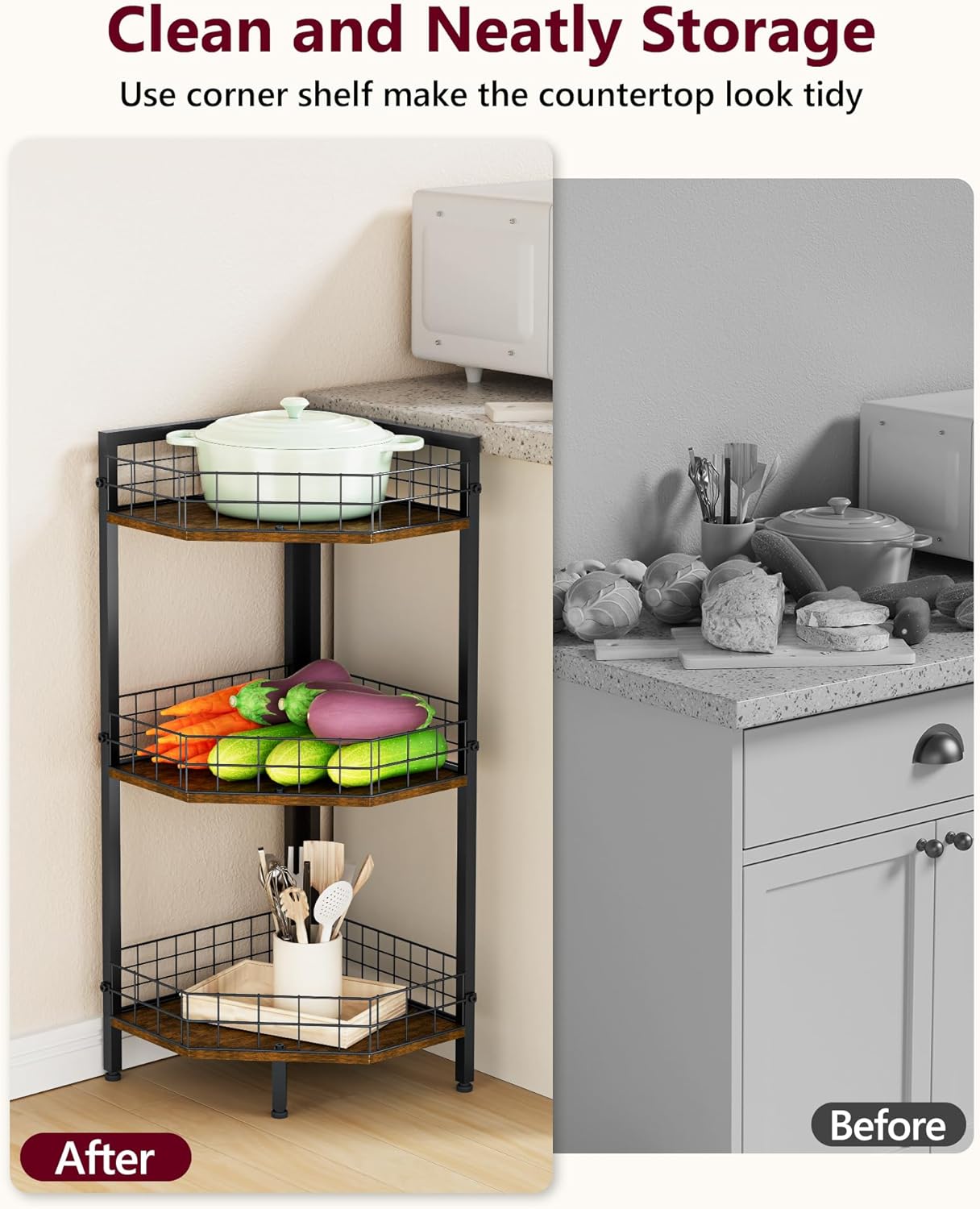 WikLiy 3 Tier Corner Shelf Stand with Metal Grid
