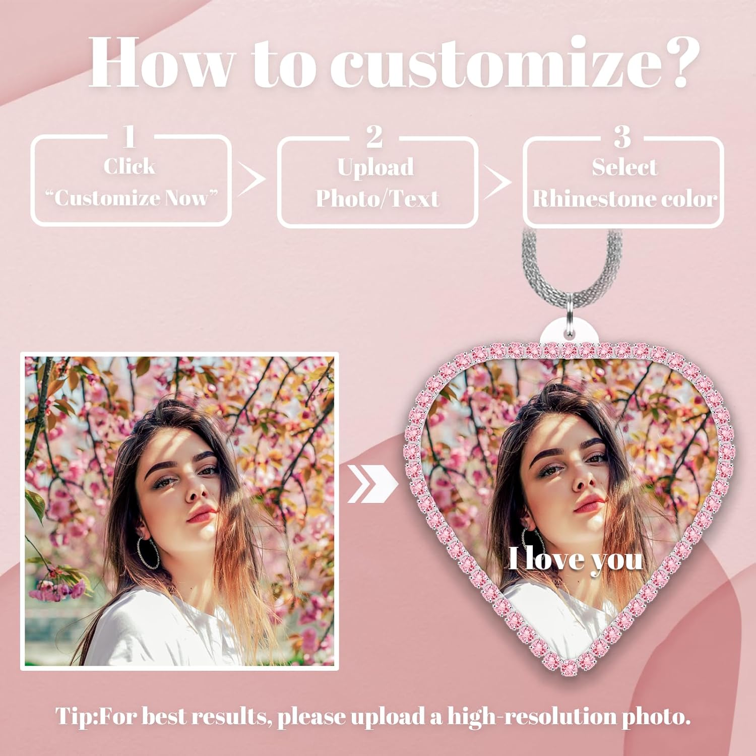 Personalized Photo Car Mirror Ornament - Custom Double-Sided Acrylic Heart Shape with Rhinestone Trim - White