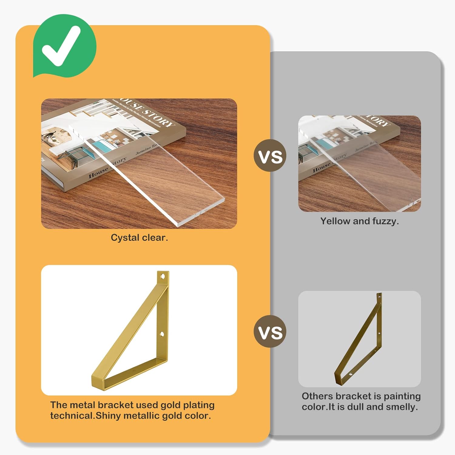 Clear Shelves Gold Floating Wall Mounted Set of 2 8mm Transparent Acrylic Invisible Display Decor