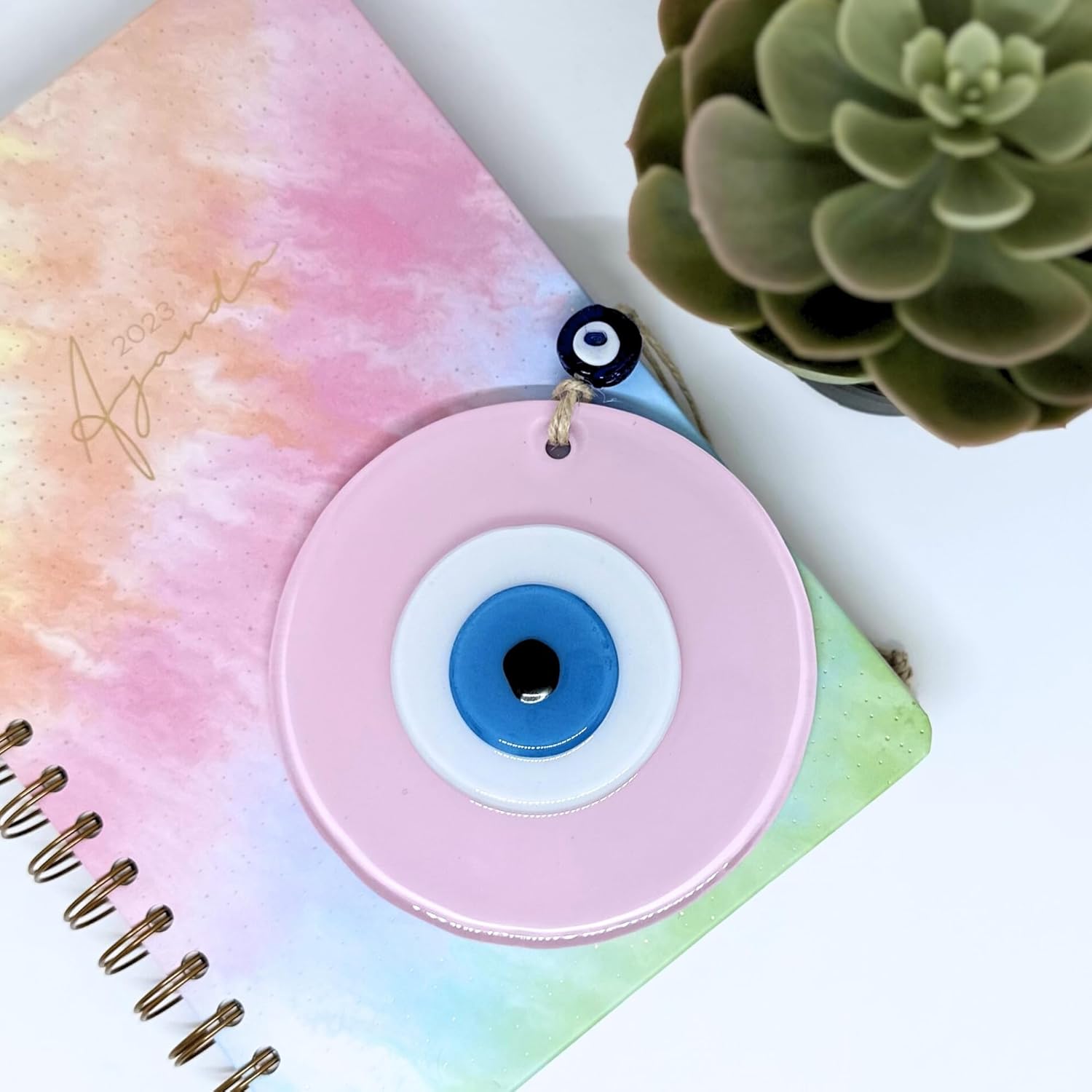 Powder Pink Boho Evil Eye Wall Hanging Decor Good Luck Charm Gift for Girls Handmade Turkish Nazar Amulet