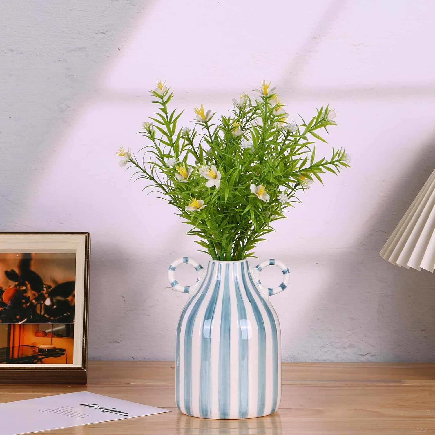 Green and White Ceramic Vase with Handle