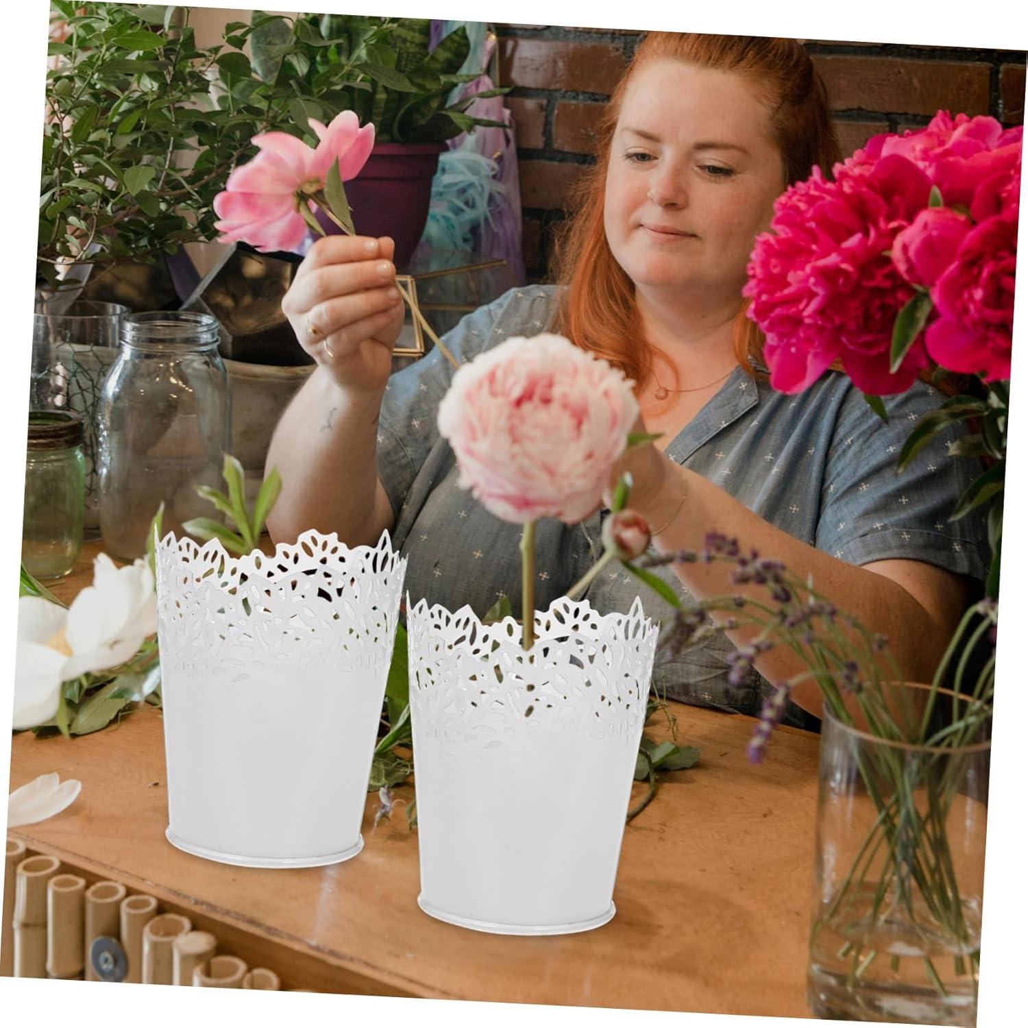 ABOOFAN White Hollow Iron Storage Buckets Set
