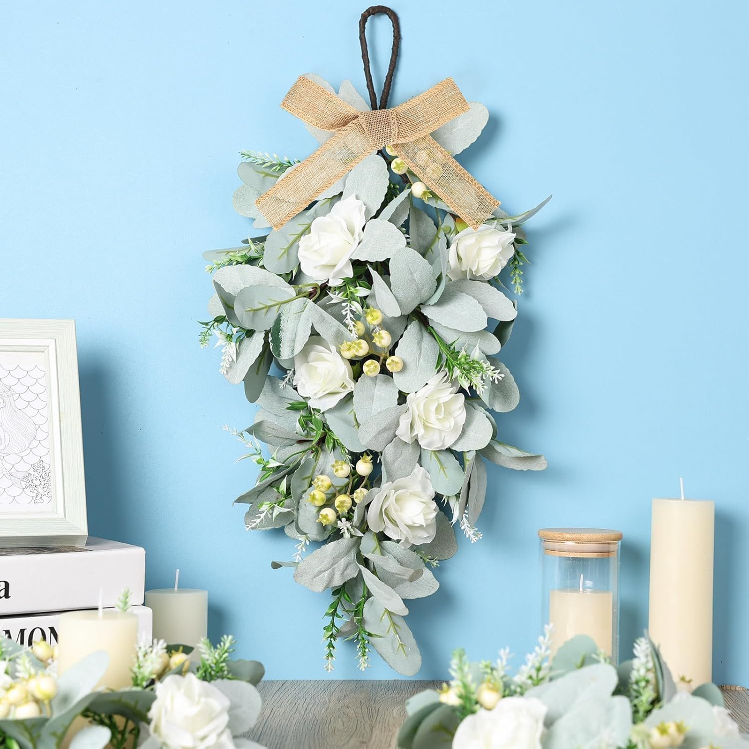 4 Pcs 24 Inch Artificial White Rose Teardrop Wreaths
