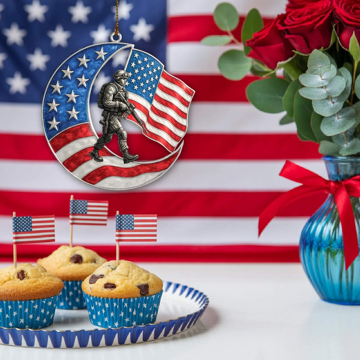 4-Inch Patriotic Soldier Moon Acrylic Hanging Decoration