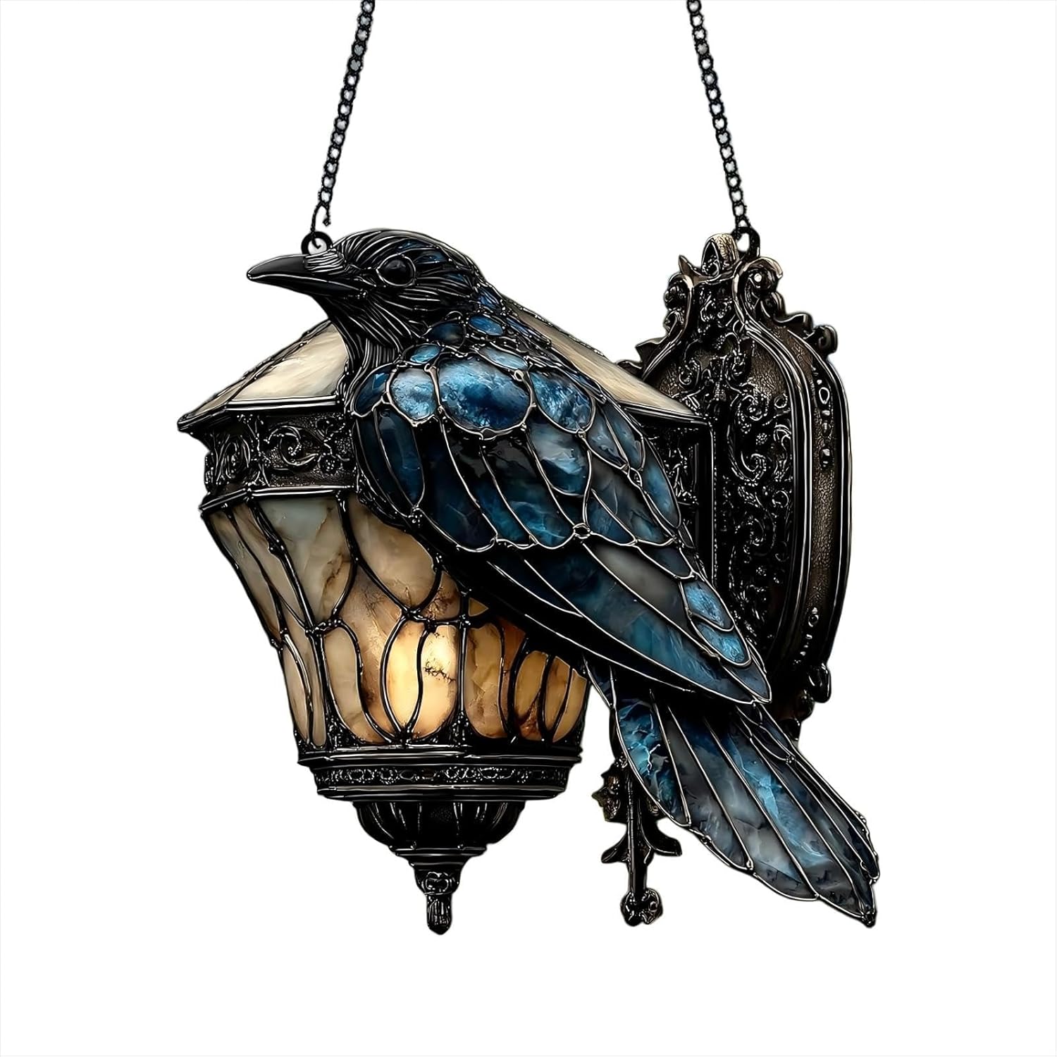 Raven Gothic Lantern 2D Acrylic Suncatcher Black Crow Decor for Halloween and Dark Academia