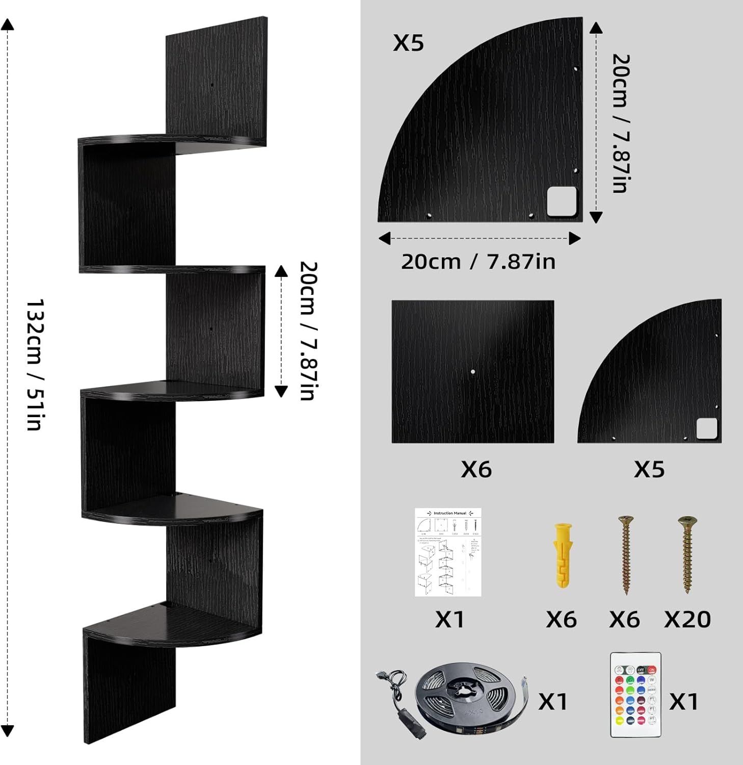 HAAYOT 5-Tier Corner Shelf with LED Lights Black
