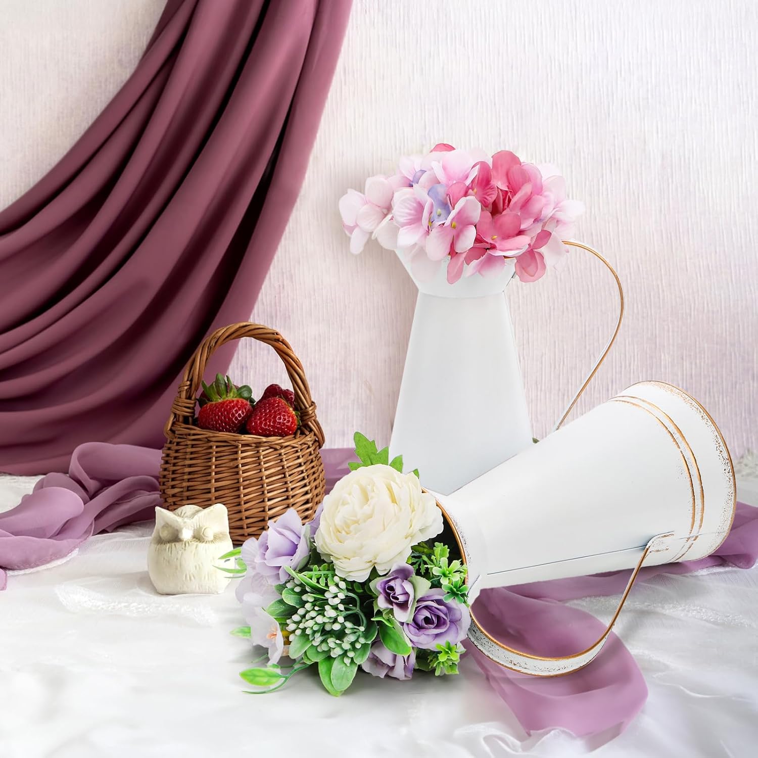 Elsjoy 2 Pack Metal Pitcher Vases with Gold Rim