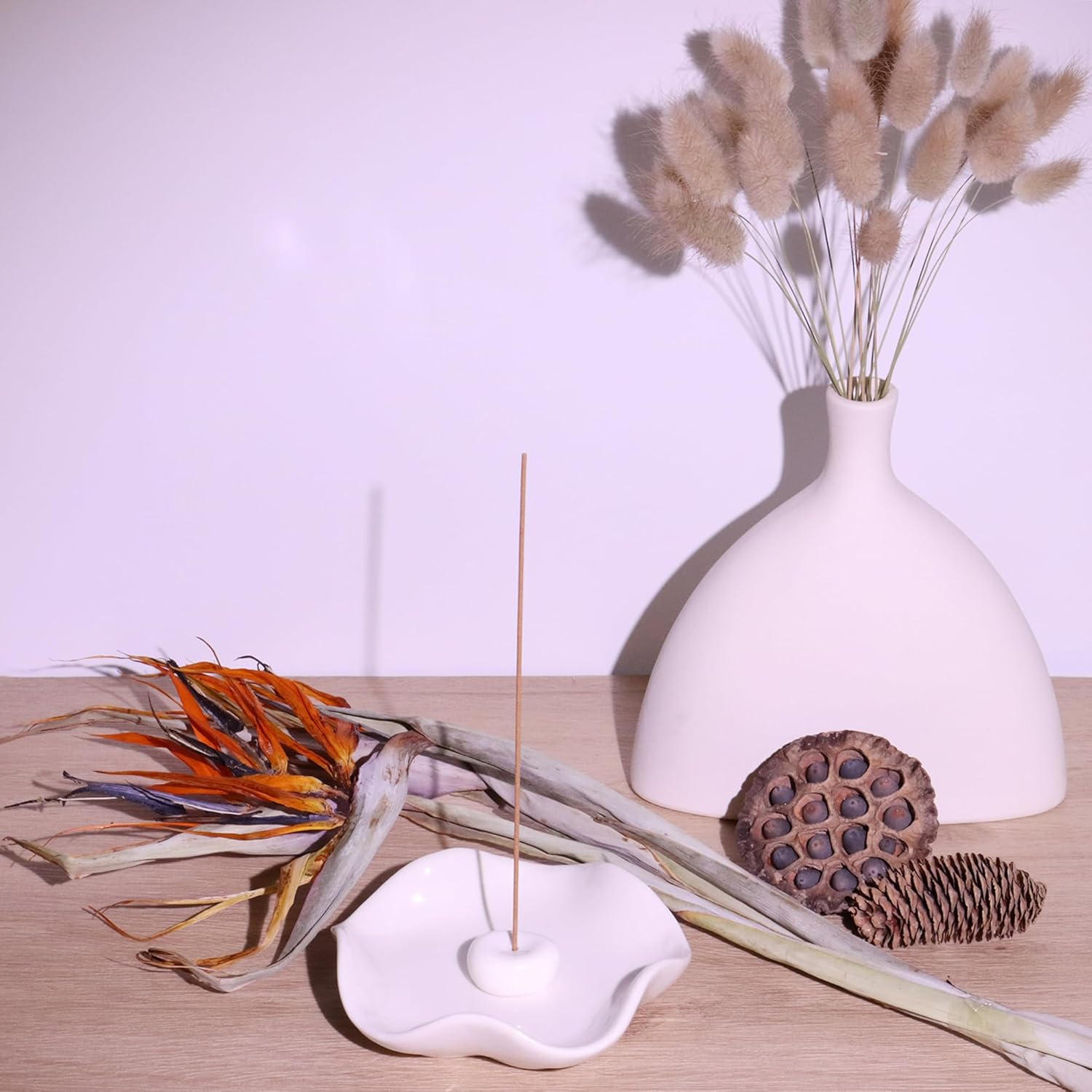 Elegant Ceramic Incense Holder Set with Wave Shape and Brass Holder - White