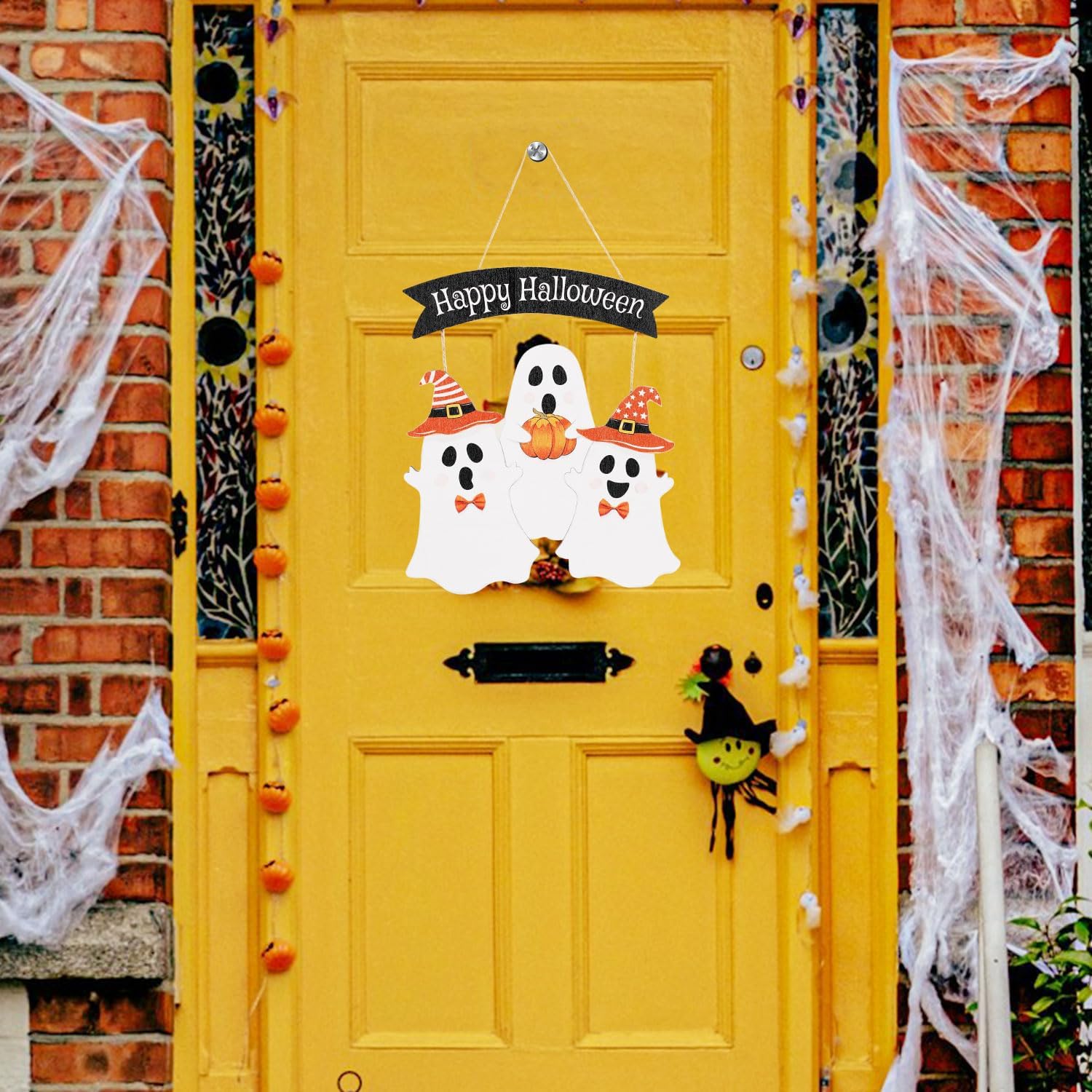 Ghost Halloween Door Sign Cute Happy Halloween Front Door Hanger Wooden Boo Decoration for Wall Porch Wreath