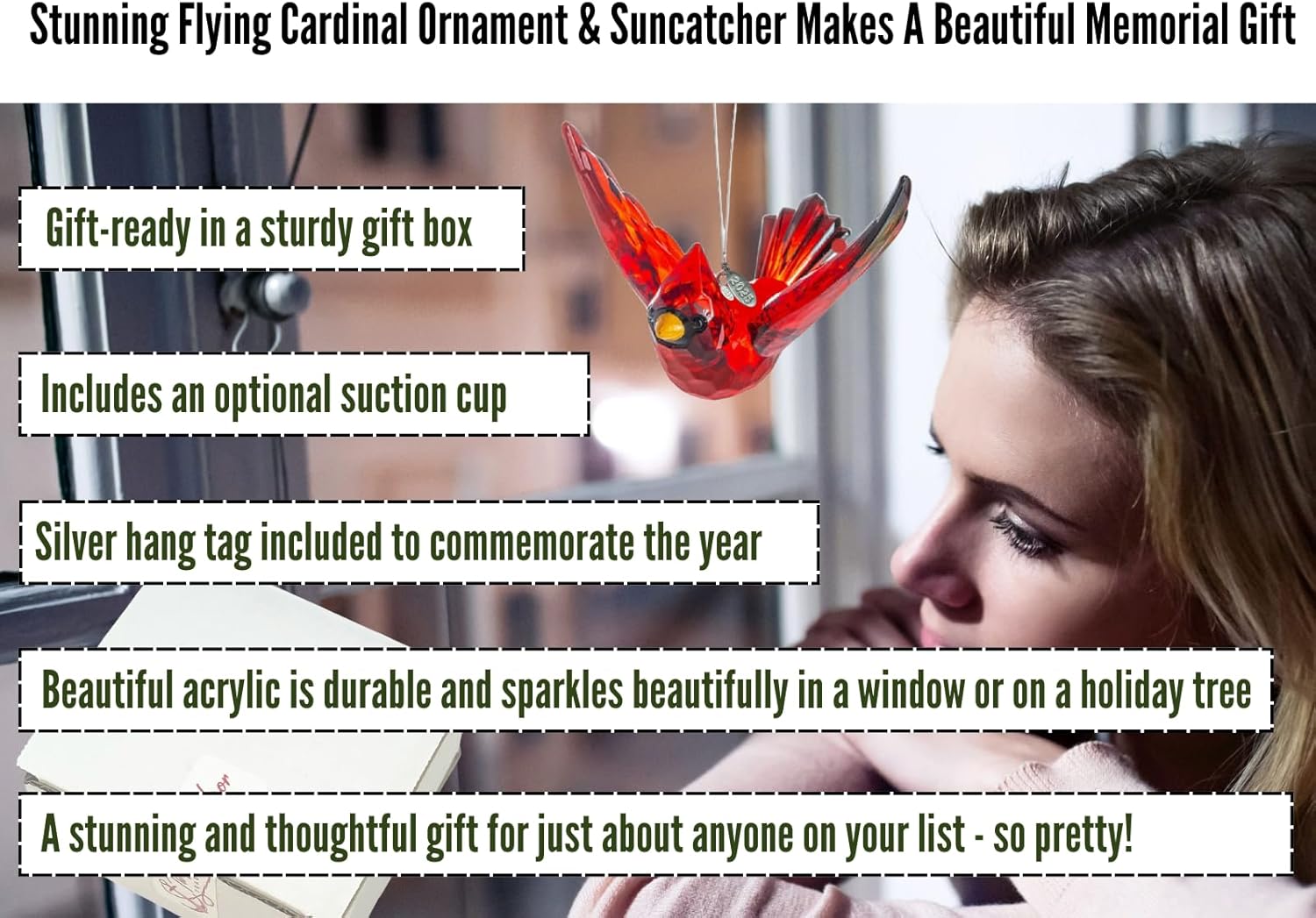 Flying Cardinal Memorial Ornament Red Bird Window Suncatcher with 2025 Hangtag and Suction Cup
