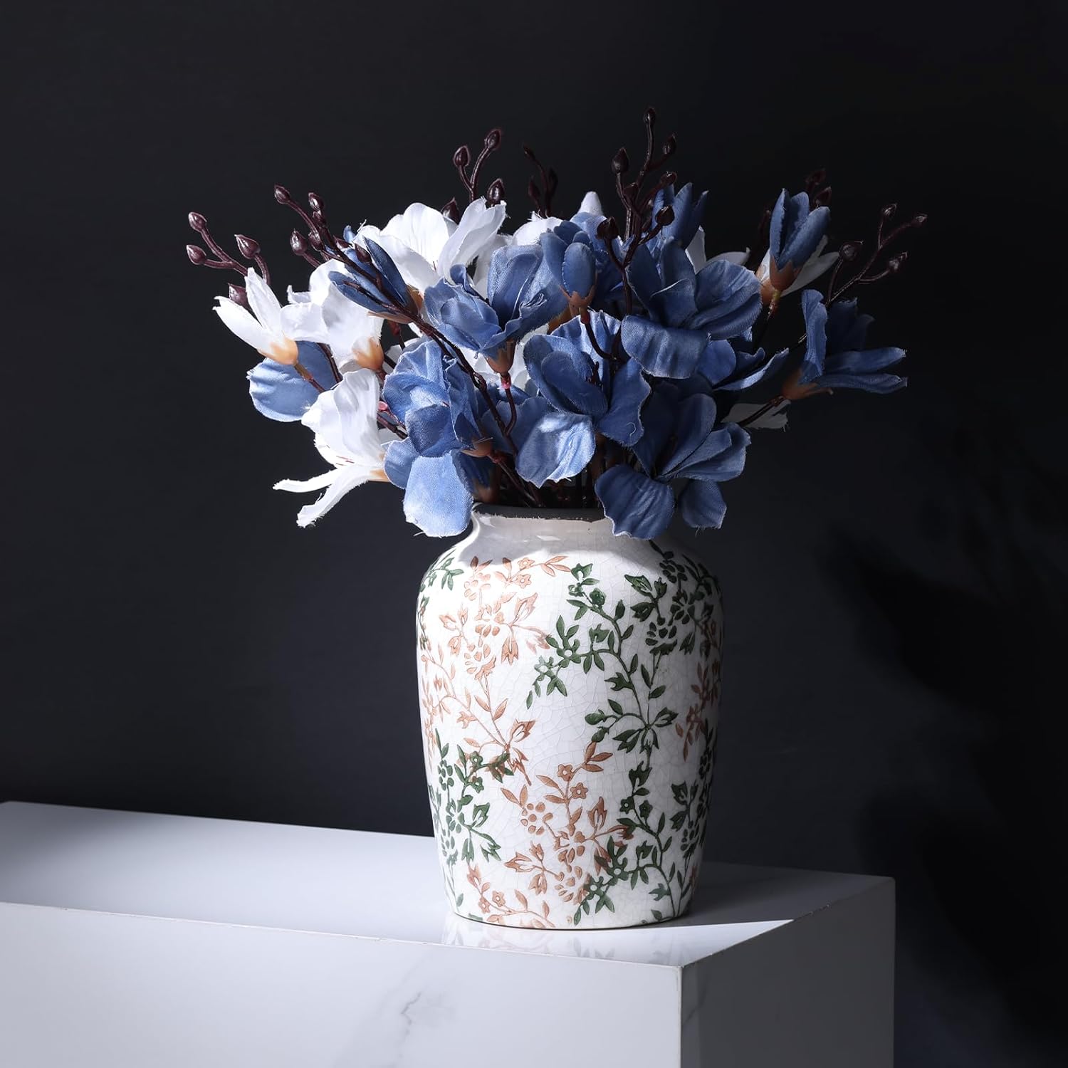 Vintage Green Ceramic Floral Vase - Retro Ice-Cracked Design