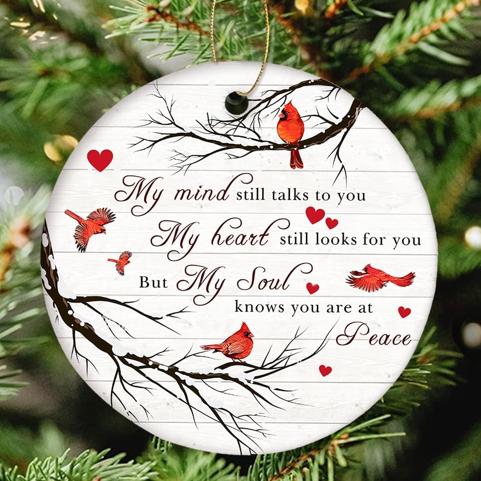 My Mind Still Talks to You Cardinal Circle Ceramic Christmas Ornament