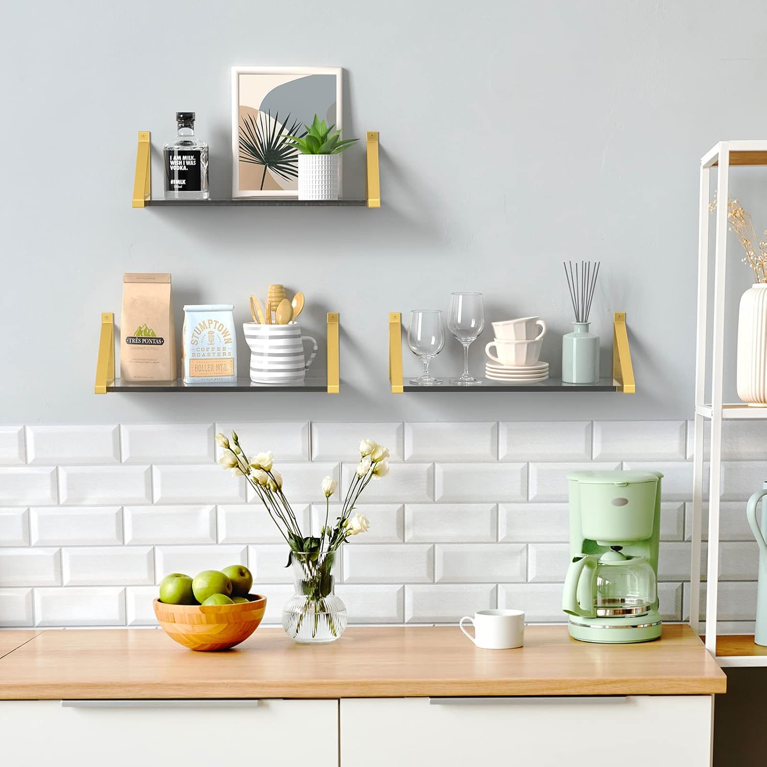 Clear Shelves Gold Floating Wall Mounted Set of 2 8mm Transparent Acrylic Invisible Display Decor