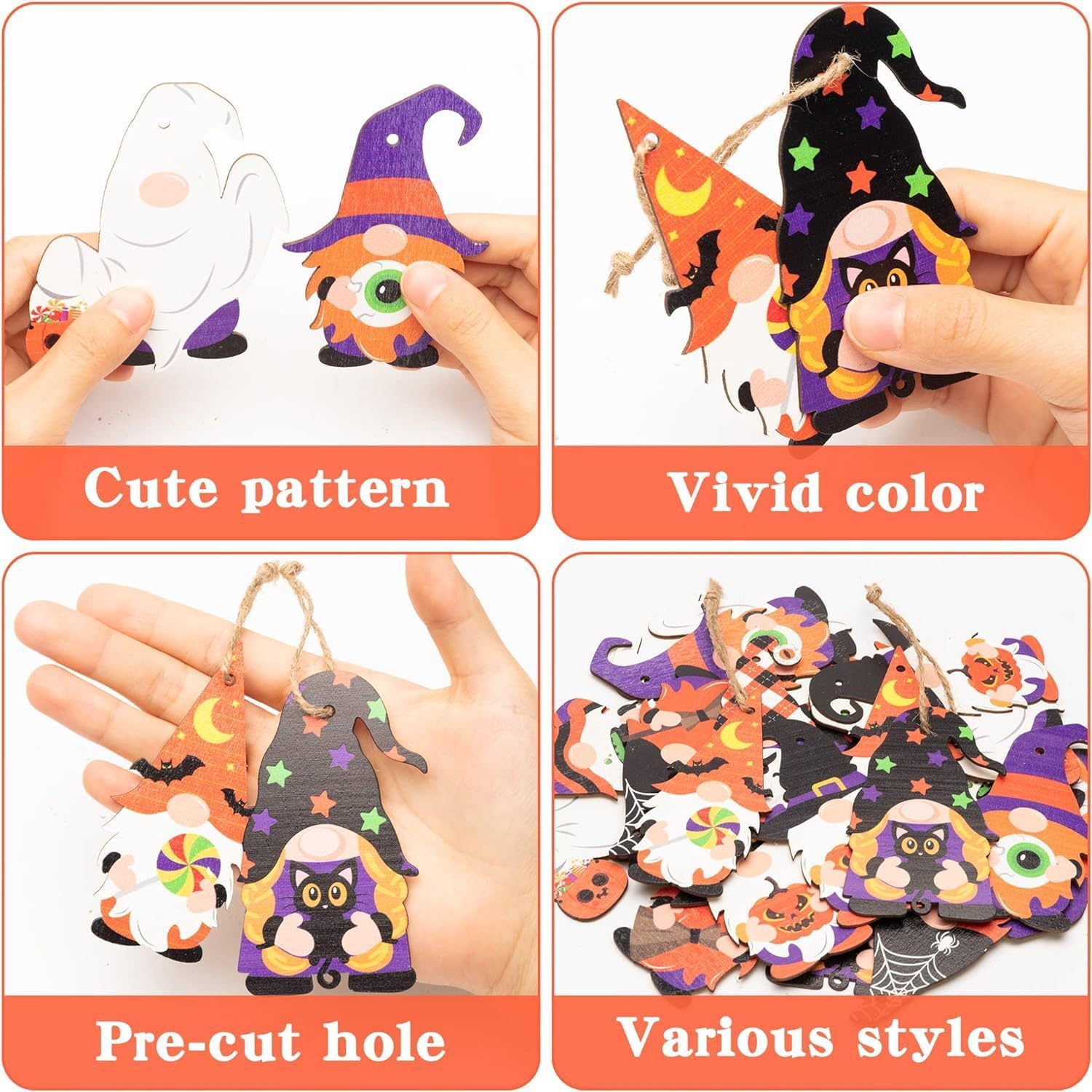 24 pcs Halloween Wooden Gnome Hanging Set with Rope