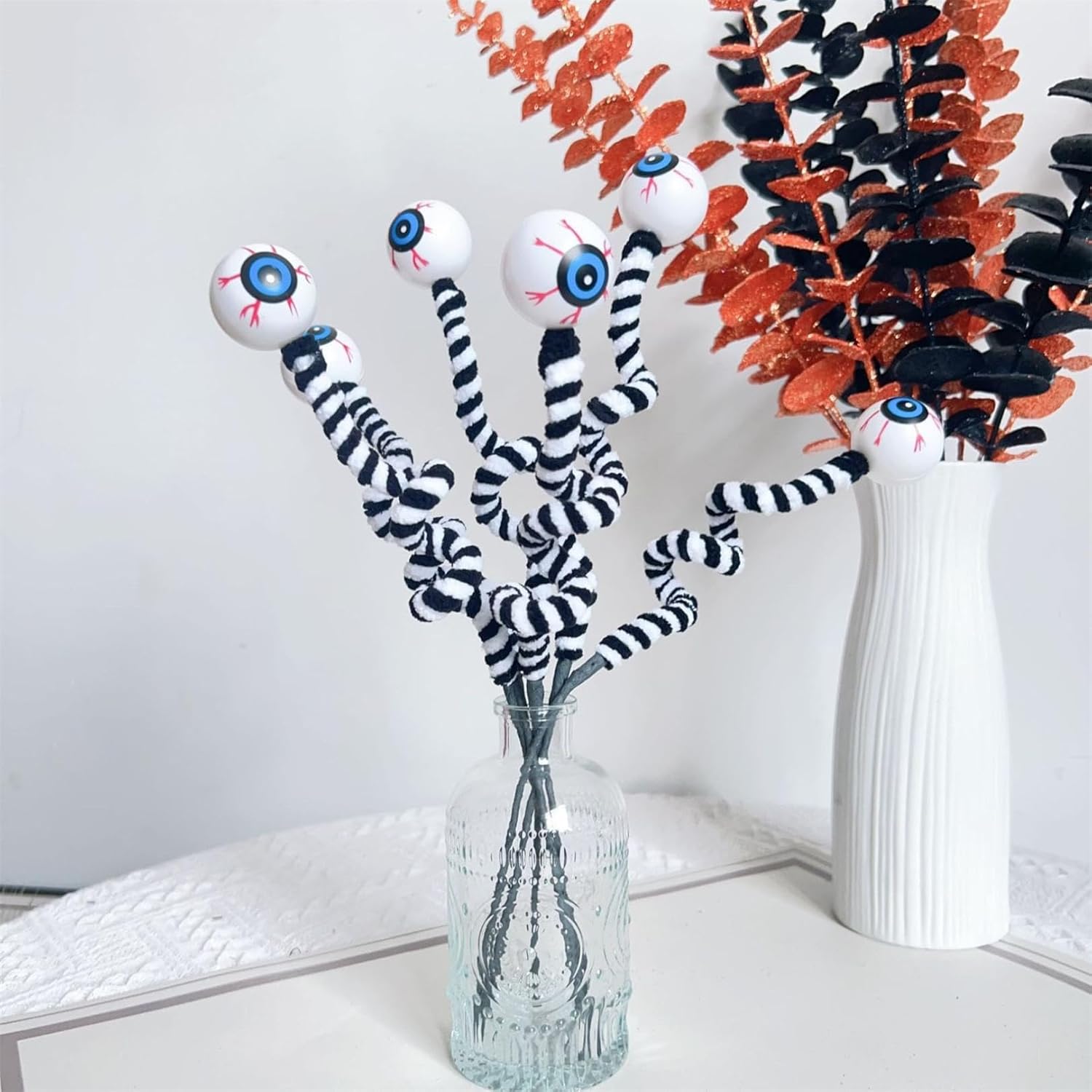 Halloween DIY Hanging Ornaments with Wool Bead Eyes on Twigs 6pcs