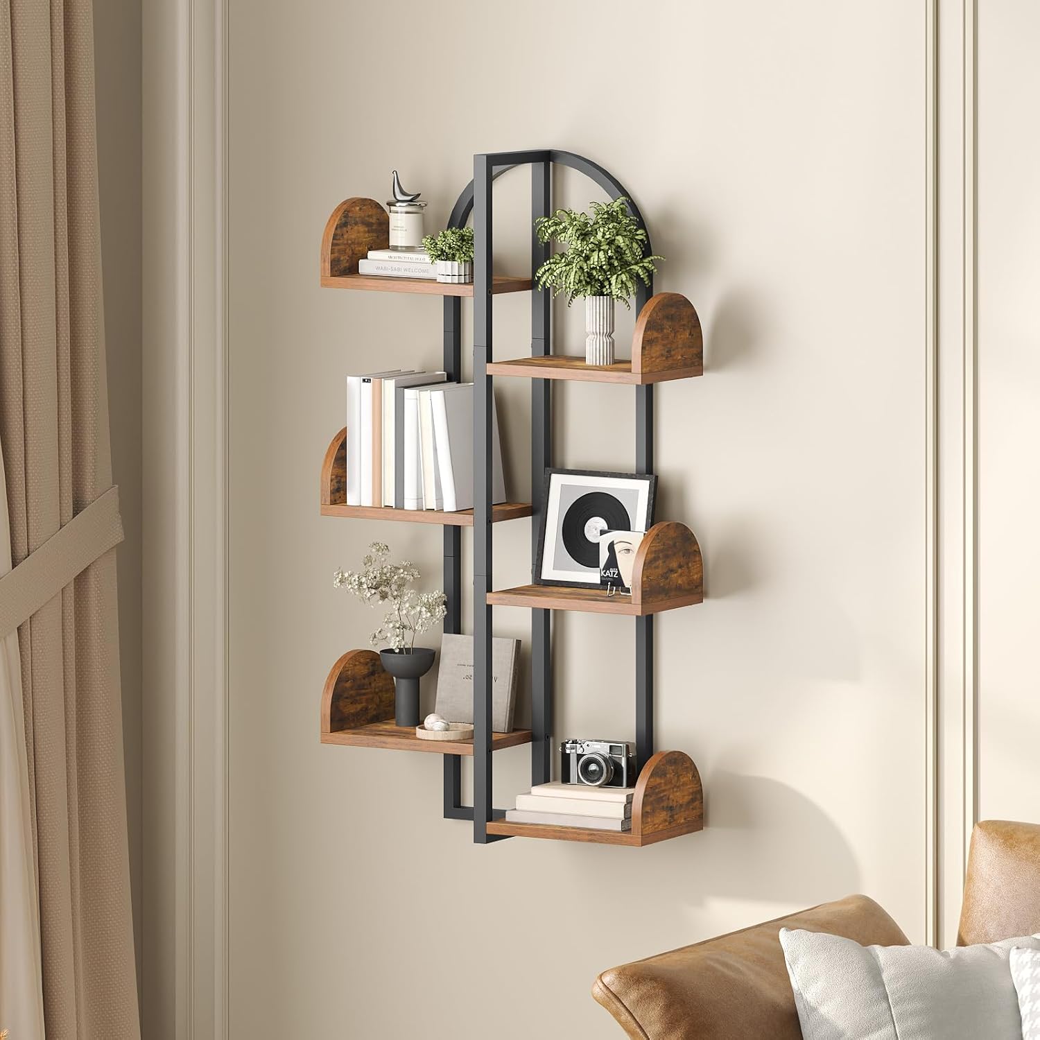 HOOBRO Tree Floating Shelf Wall 6-Tier Rustic Brown and Black
