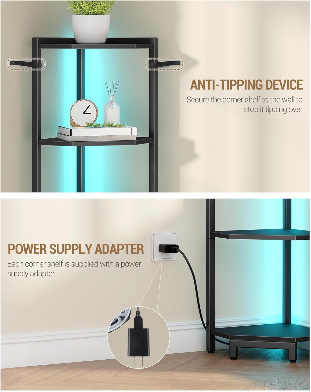 6-Tier Corner Bookshelf with LED Light Black CS66606B