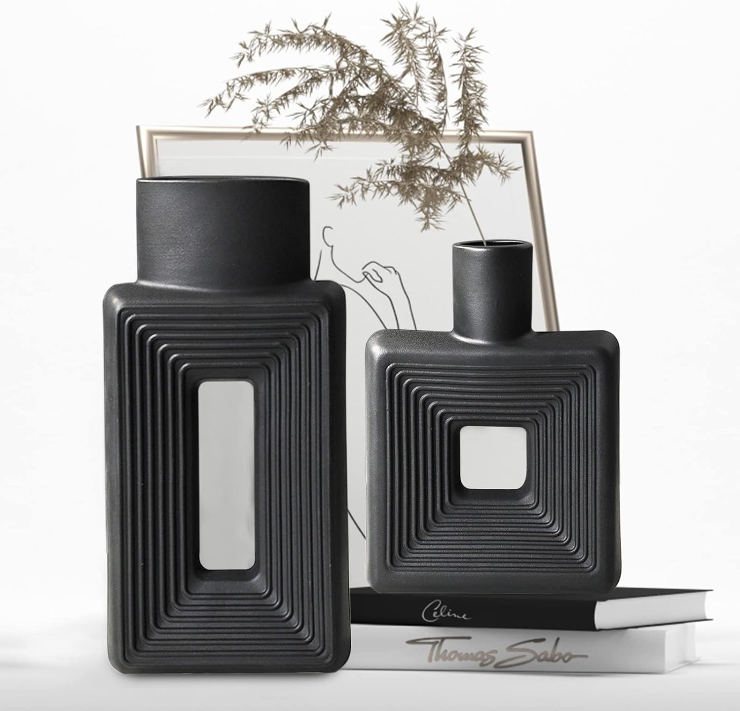 Black Ceramic Vase Set of 2 Modern Geometric Design
