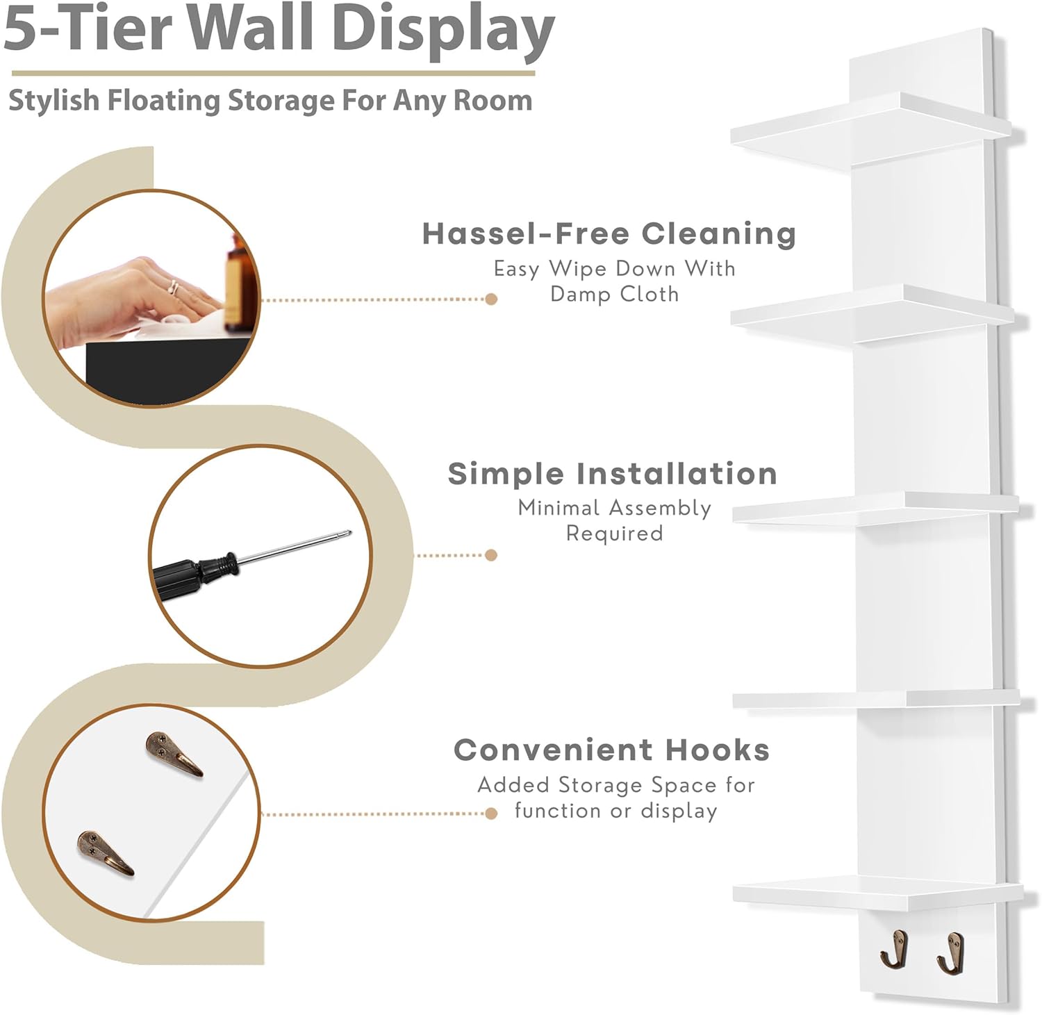 Sorbus 5 Tier Wall Shelf with Hooks 2 Pack