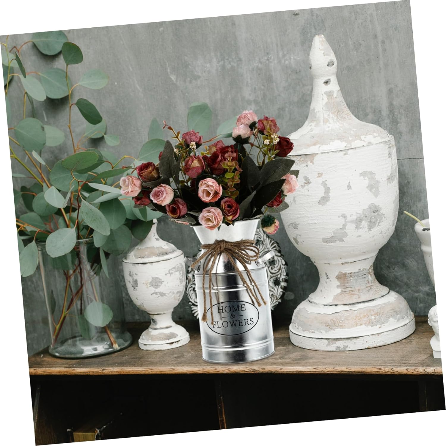 STOBAZA Vintage Iron Bucket Flower Vase Decor