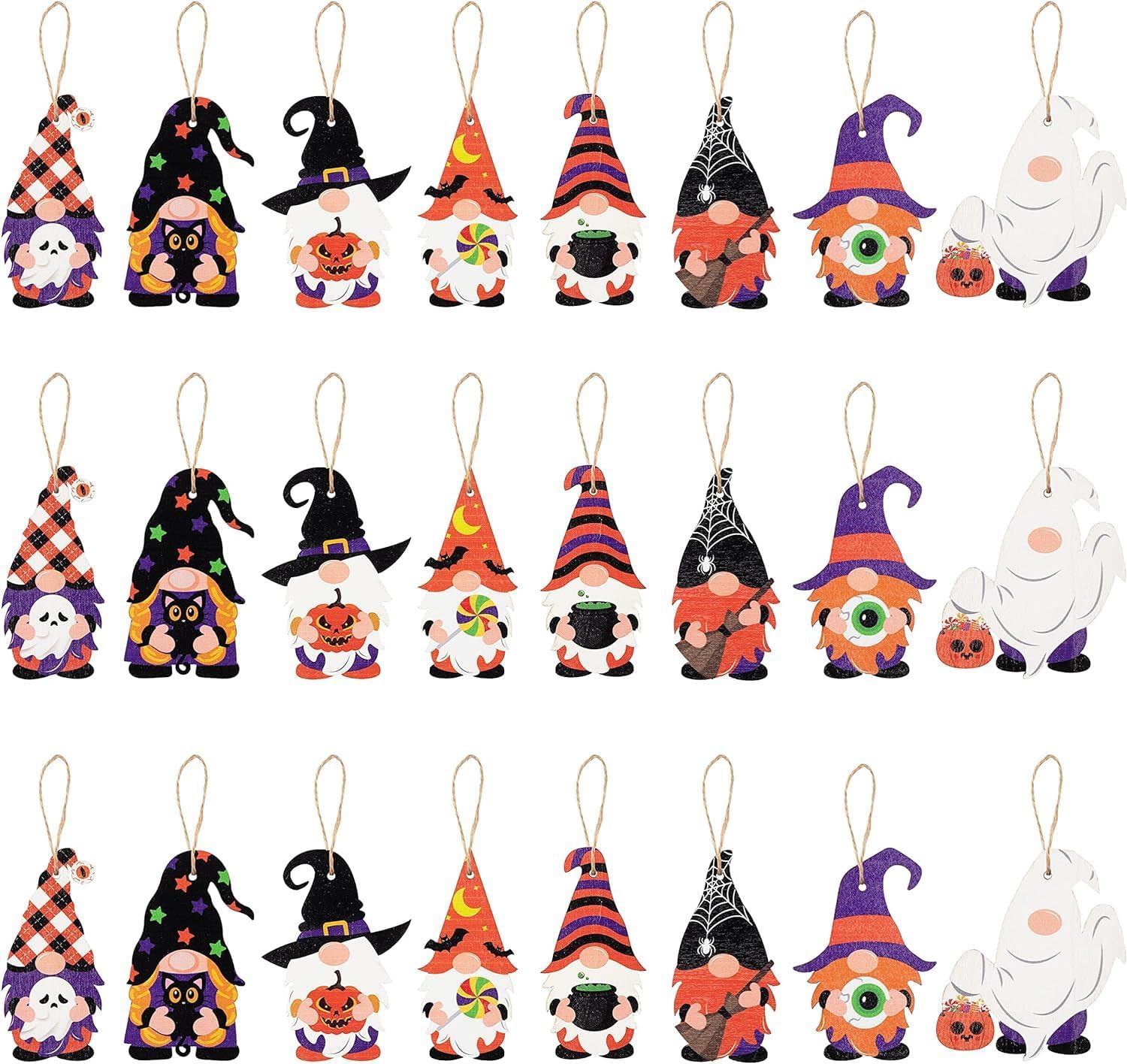 24 pcs Halloween Wooden Gnome Hanging Set with Rope