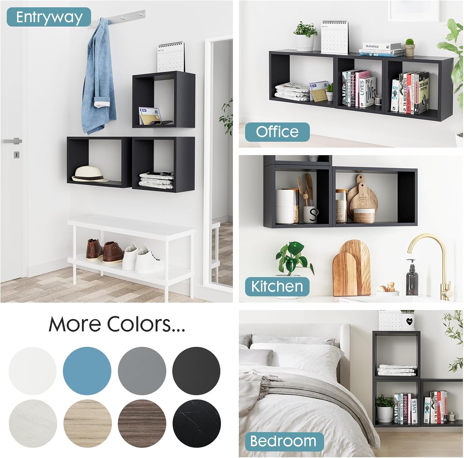 Kaboon Wall Mount Shelf Set of 3 Floating Cube Shelves Large Size Black