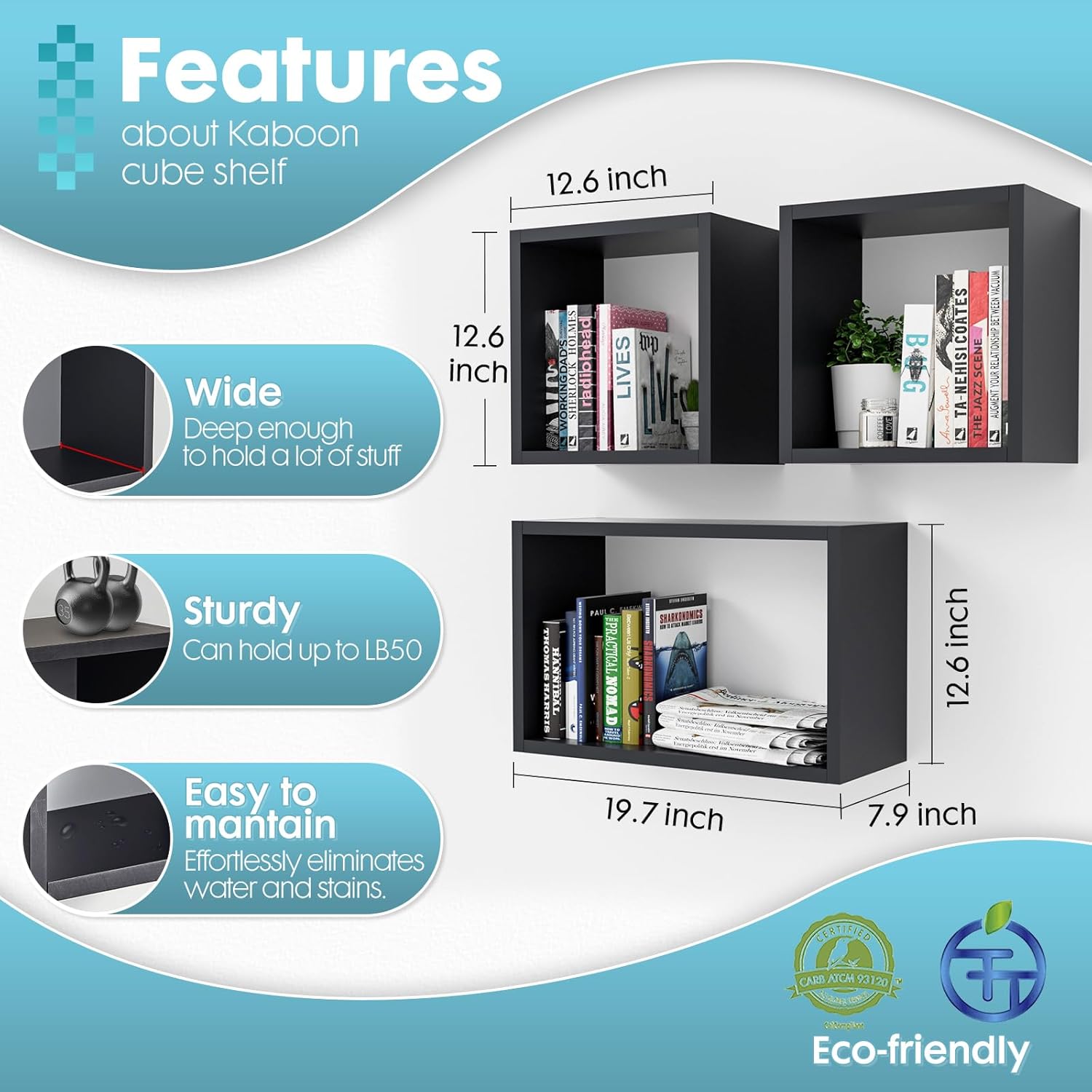 Kaboon Wall Mount Shelf Set of 3 Floating Cube Shelves Large Size Black