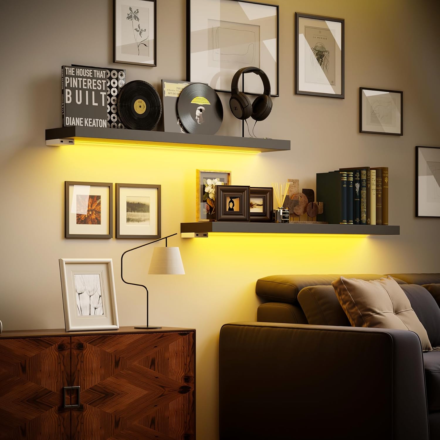 BAMEOS Black Floating Shelves with LED 31 Set of 2