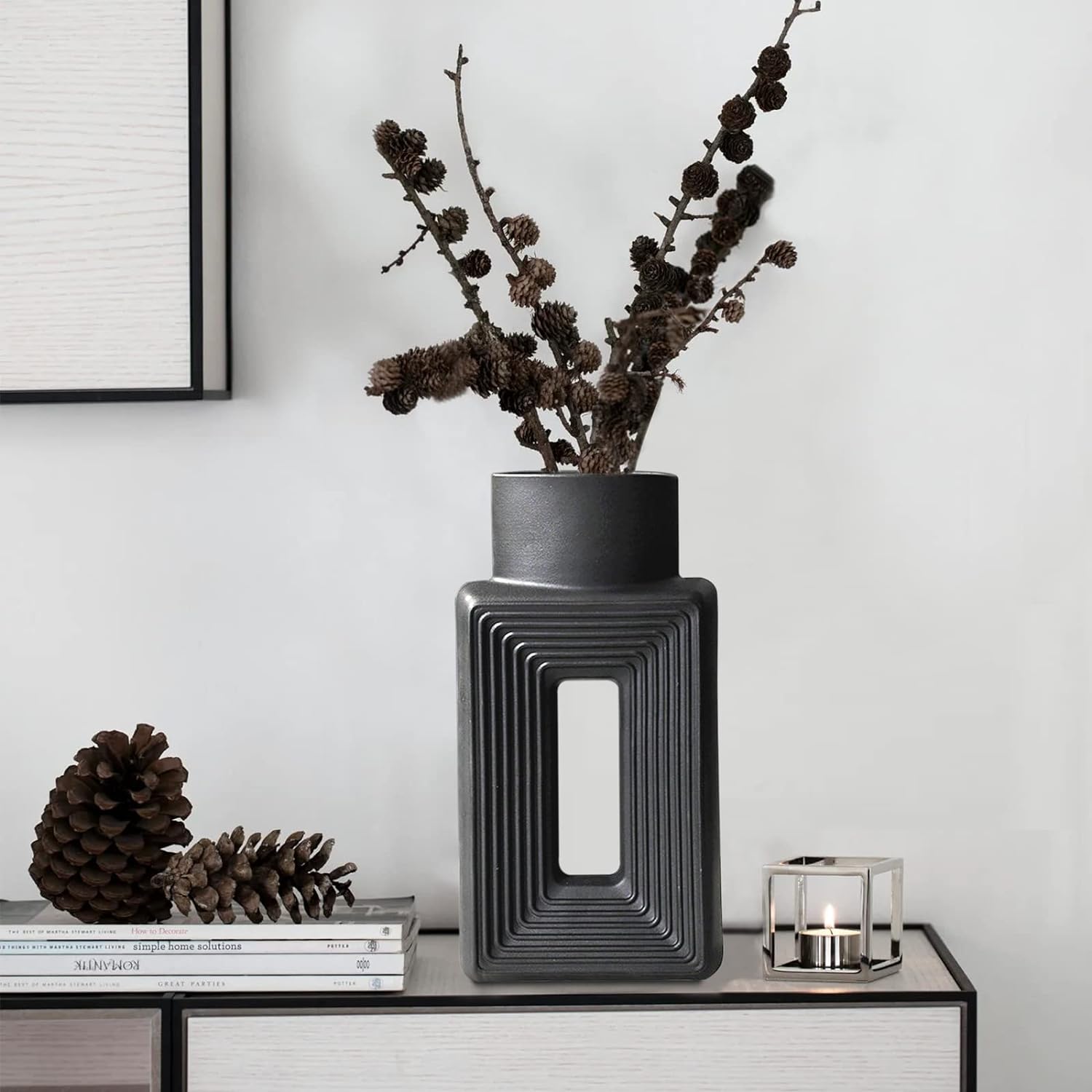 Black Ceramic Vase Set of 2 Modern Geometric Design