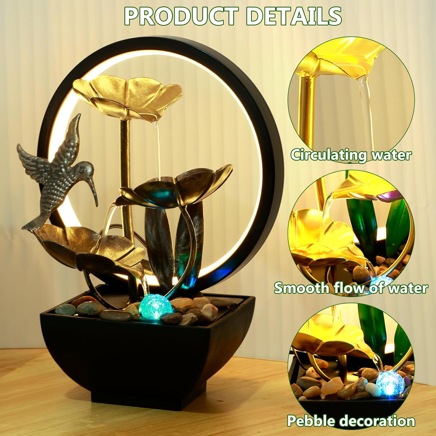 Tabletop Water Fountain with LED Ring Light and Humidifier for Home Office Bedroom