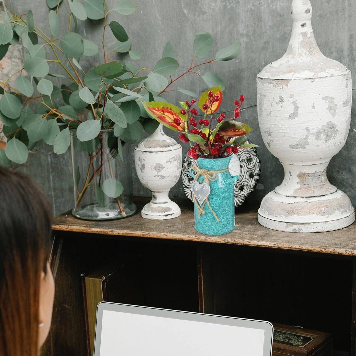 Yardwe Vintage Iron Bucket Vase for Home Decor