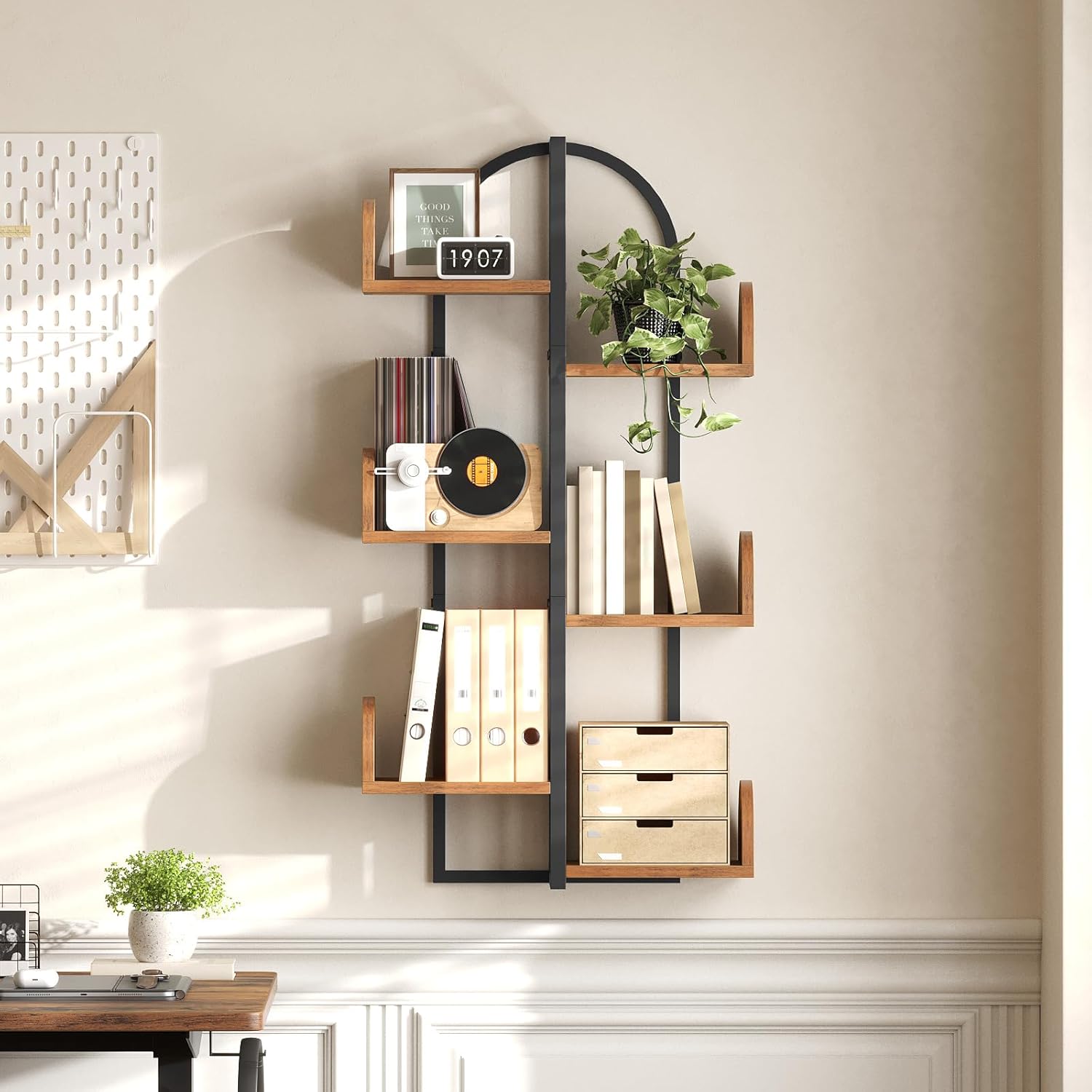 HOOBRO Tree Floating Shelf Wall 6-Tier Rustic Brown and Black