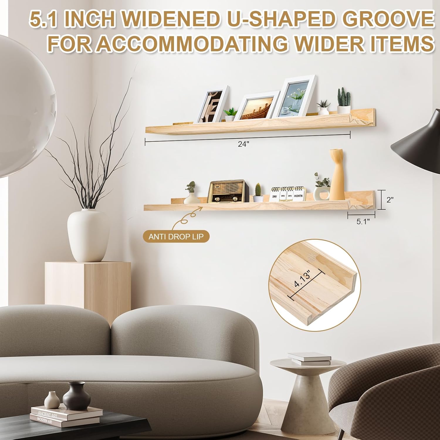 24 Inch Pine Wood Floating Shelves Set of 2 for Home Decor