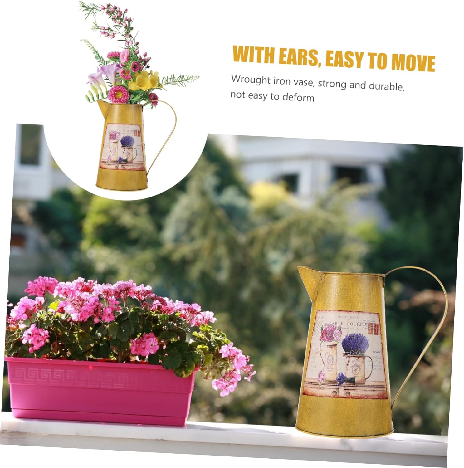 STOBAZA Vintage Wrought Iron Flower Bucket Decor Vase