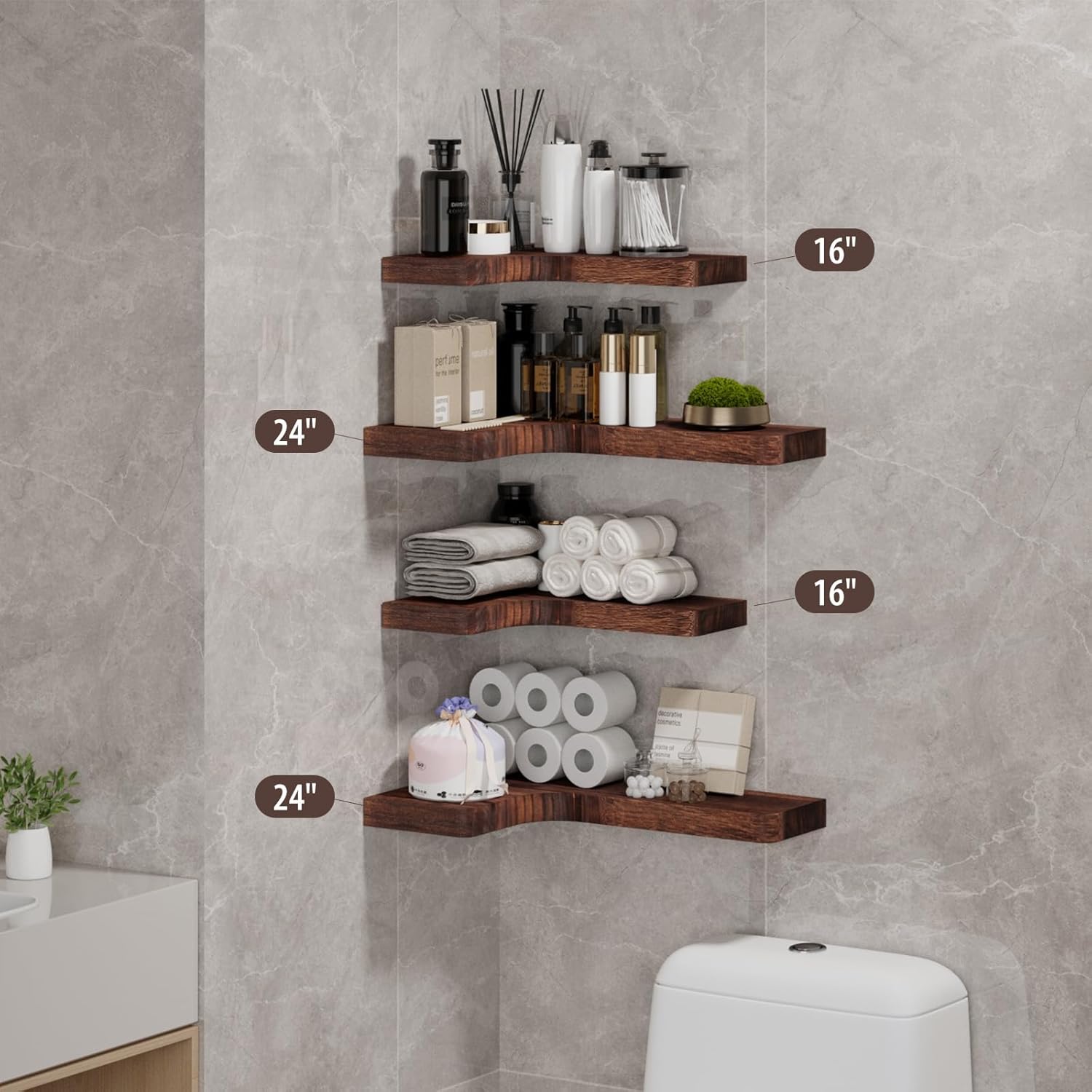 SAUMONIERES Corner Floating Shelves Set of 3 Rustic Brown Invisible Brackets