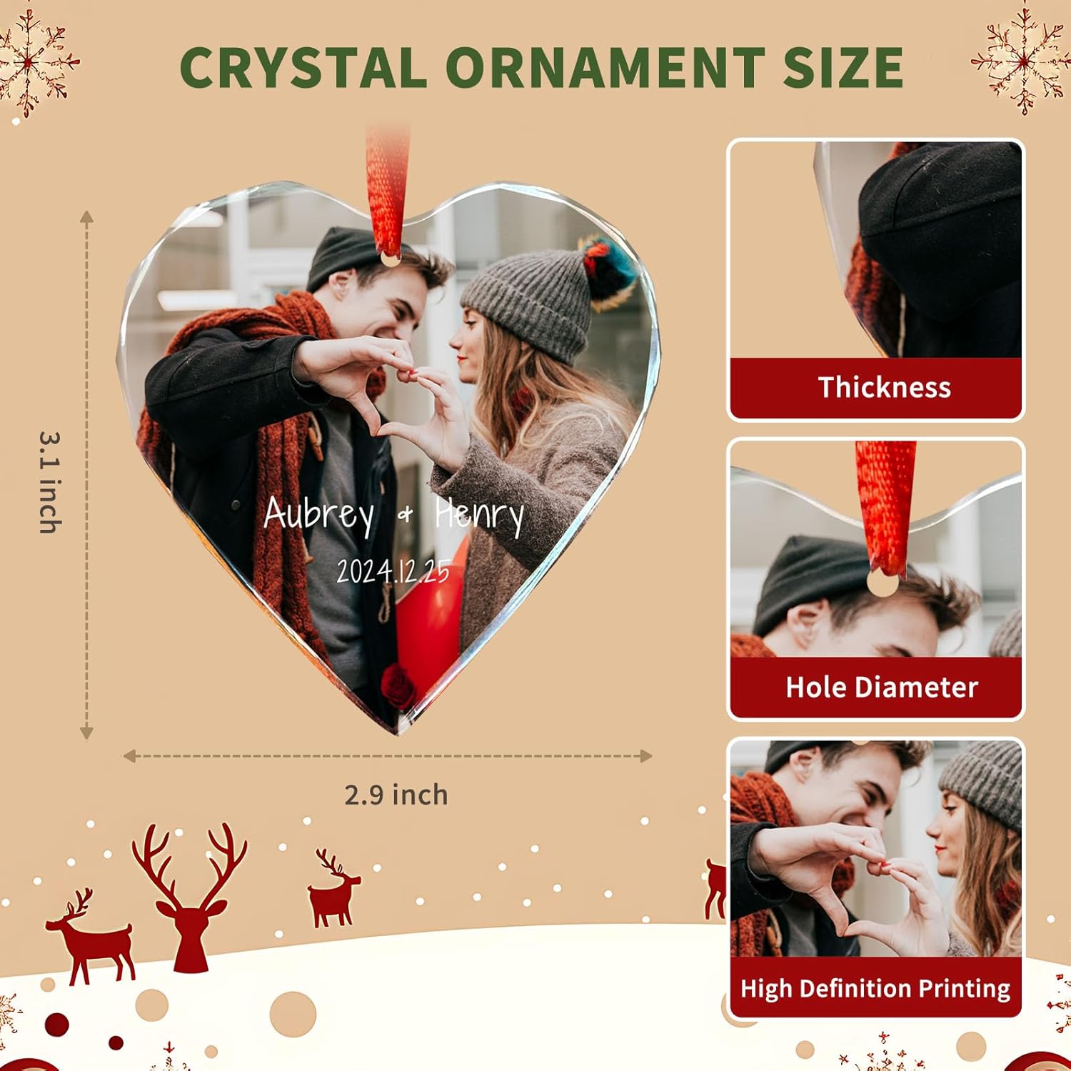 TEQUAN Personalized Crystal Photo Ornament - Custom Picture Heart Decoration