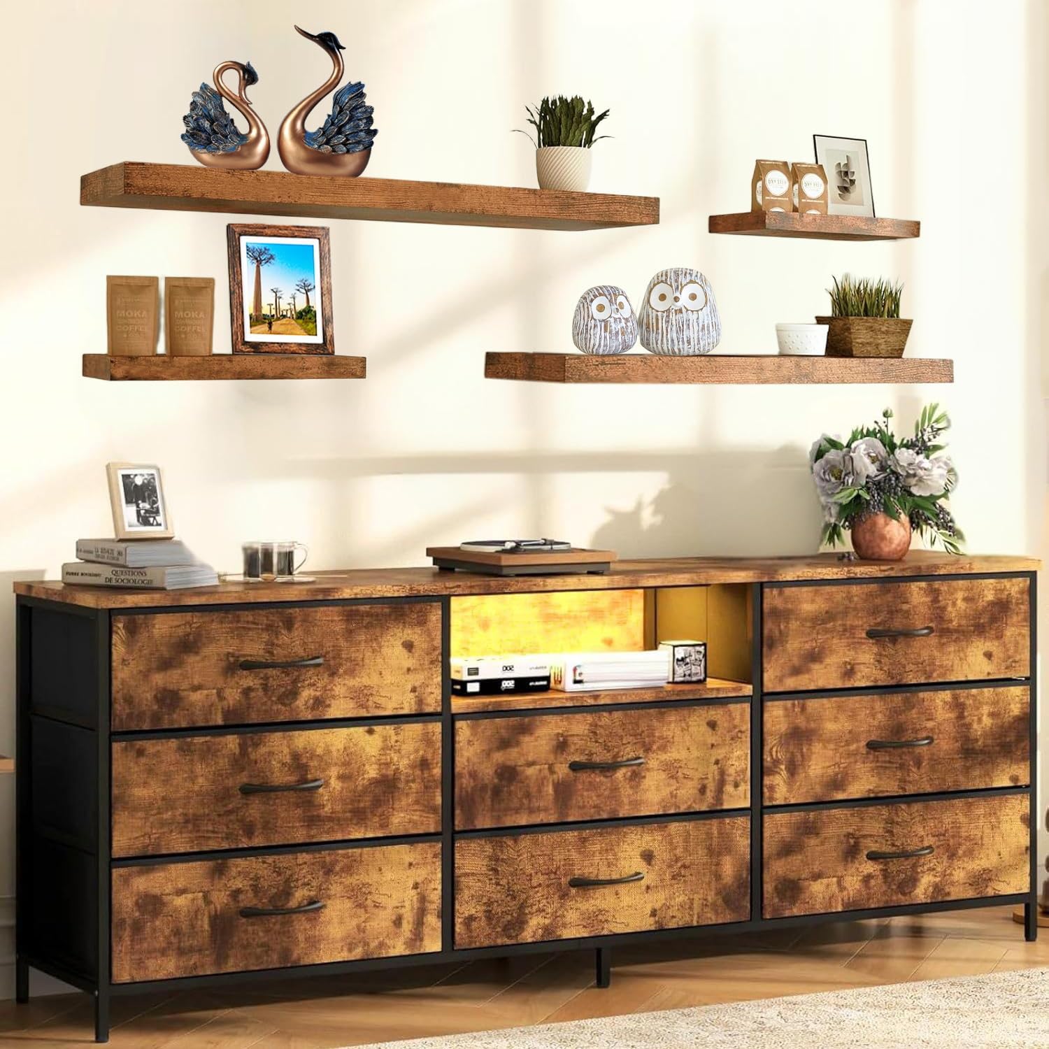 Set of 2 Rustic Wood Floating Shelves with Heavy Steel Brackets