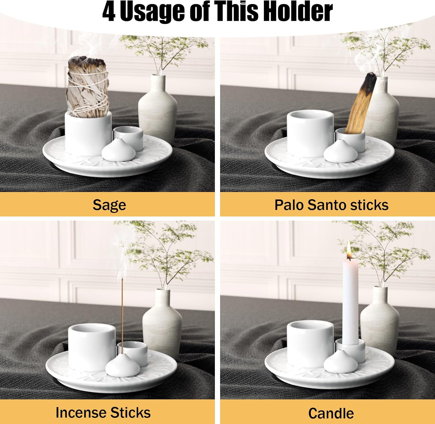 4 in 1 Palo Santo Incense Holder - Ceramic Ash Catcher Tray for Meditation Room - White