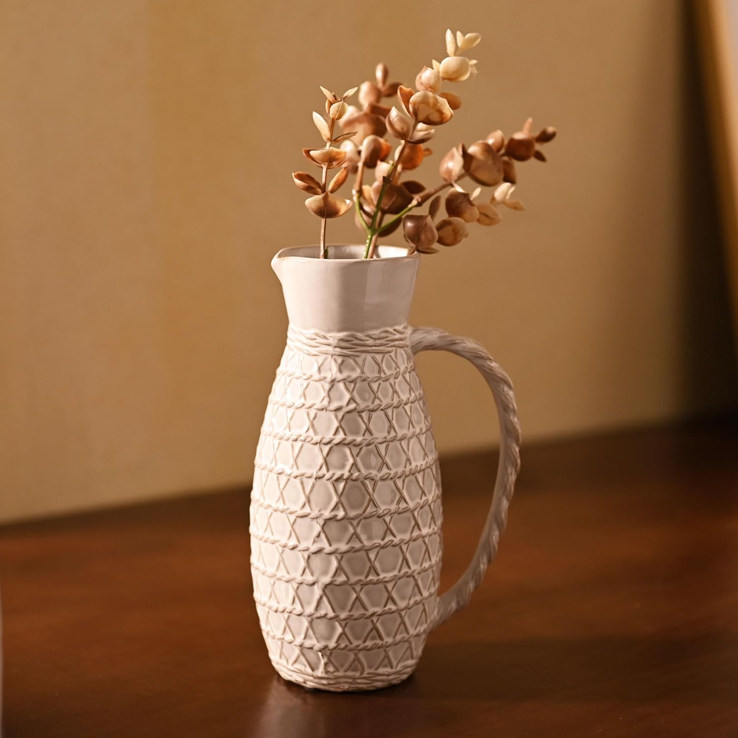 VICTOR TERESA Small White Ceramic Pitcher Vase for Home Decor