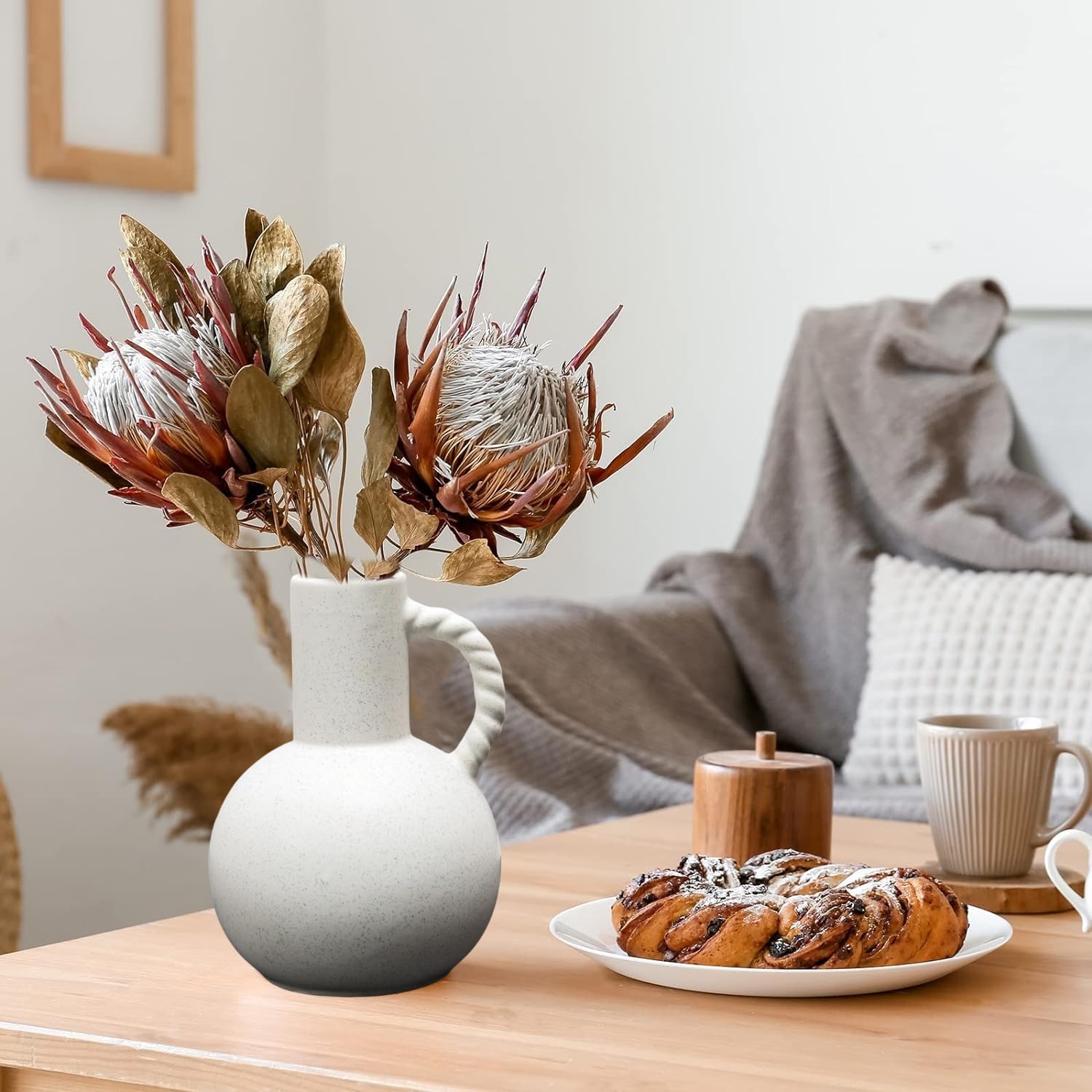 White Ceramic Vase with Handle for Modern Home Decor