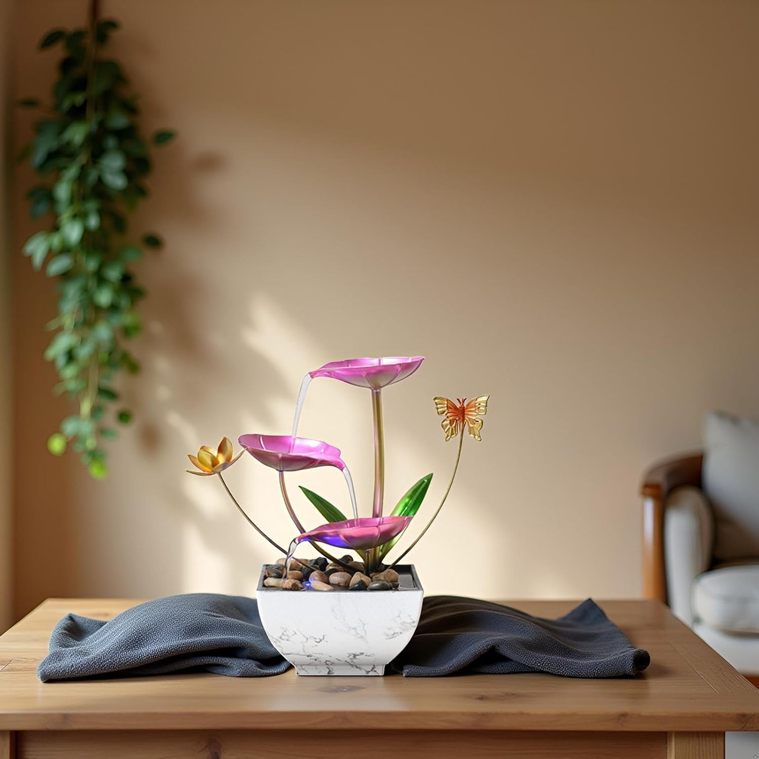 Pink Tabletop Water Fountain with LED Lights