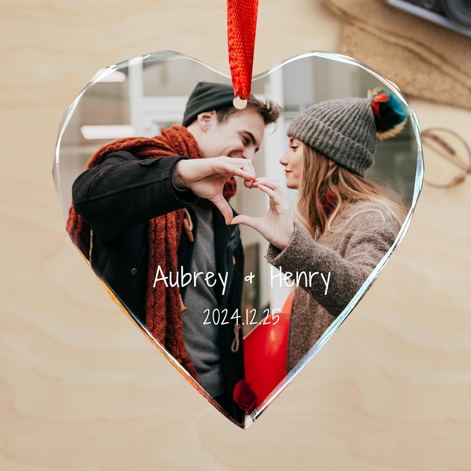 TEQUAN Personalized Crystal Photo Ornament - Custom Picture Heart Decoration