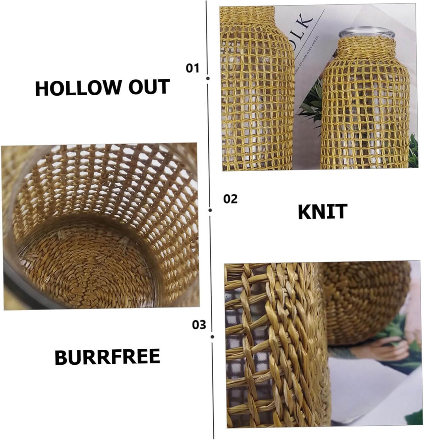 1Pc Decorative Straw Woven Glass Vase for Dried Flowers and Plants Light Brown Desktop Adornment Home Decor