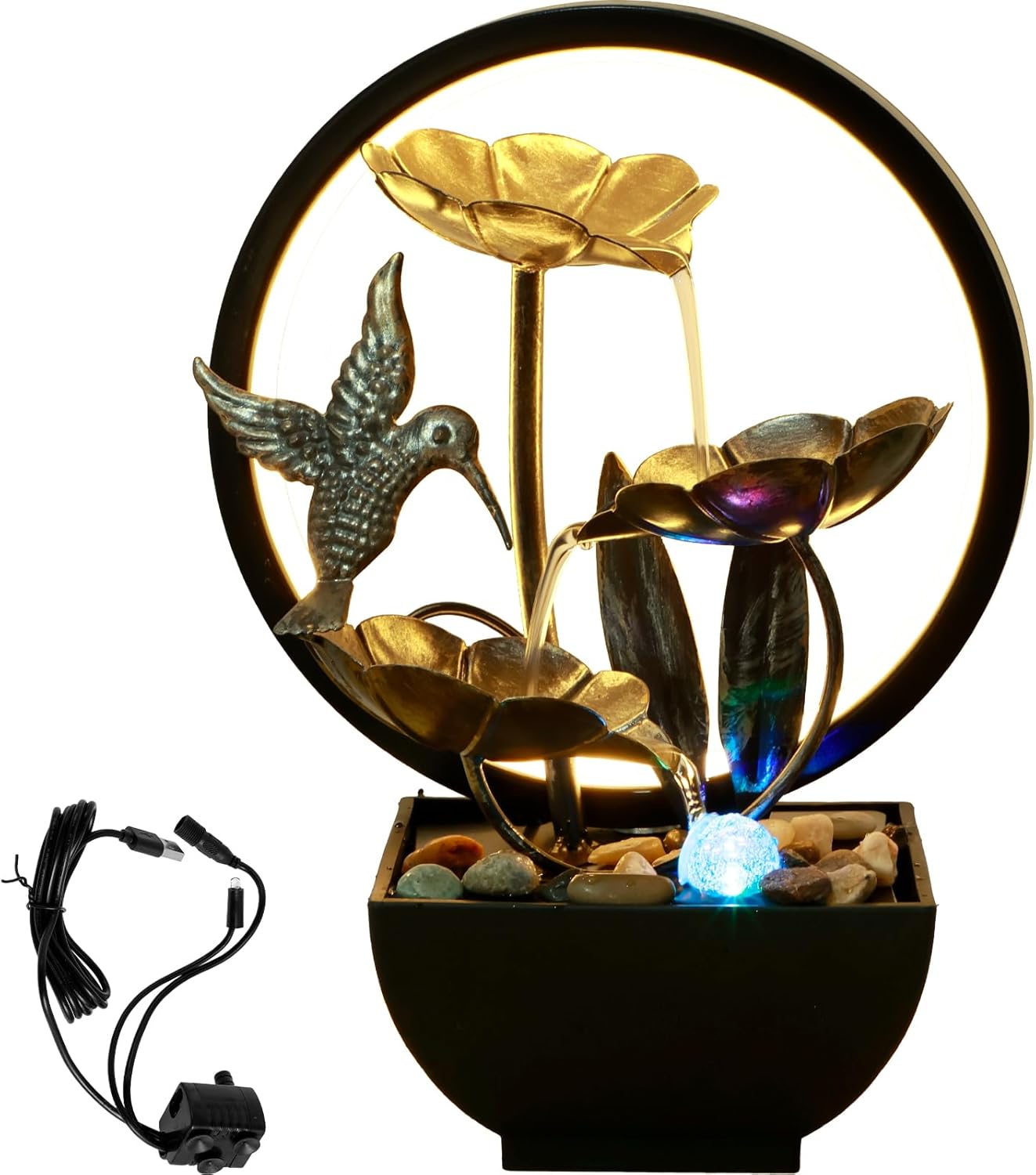 Tabletop Water Fountain with LED Ring Light and Humidifier for Home Office Bedroom