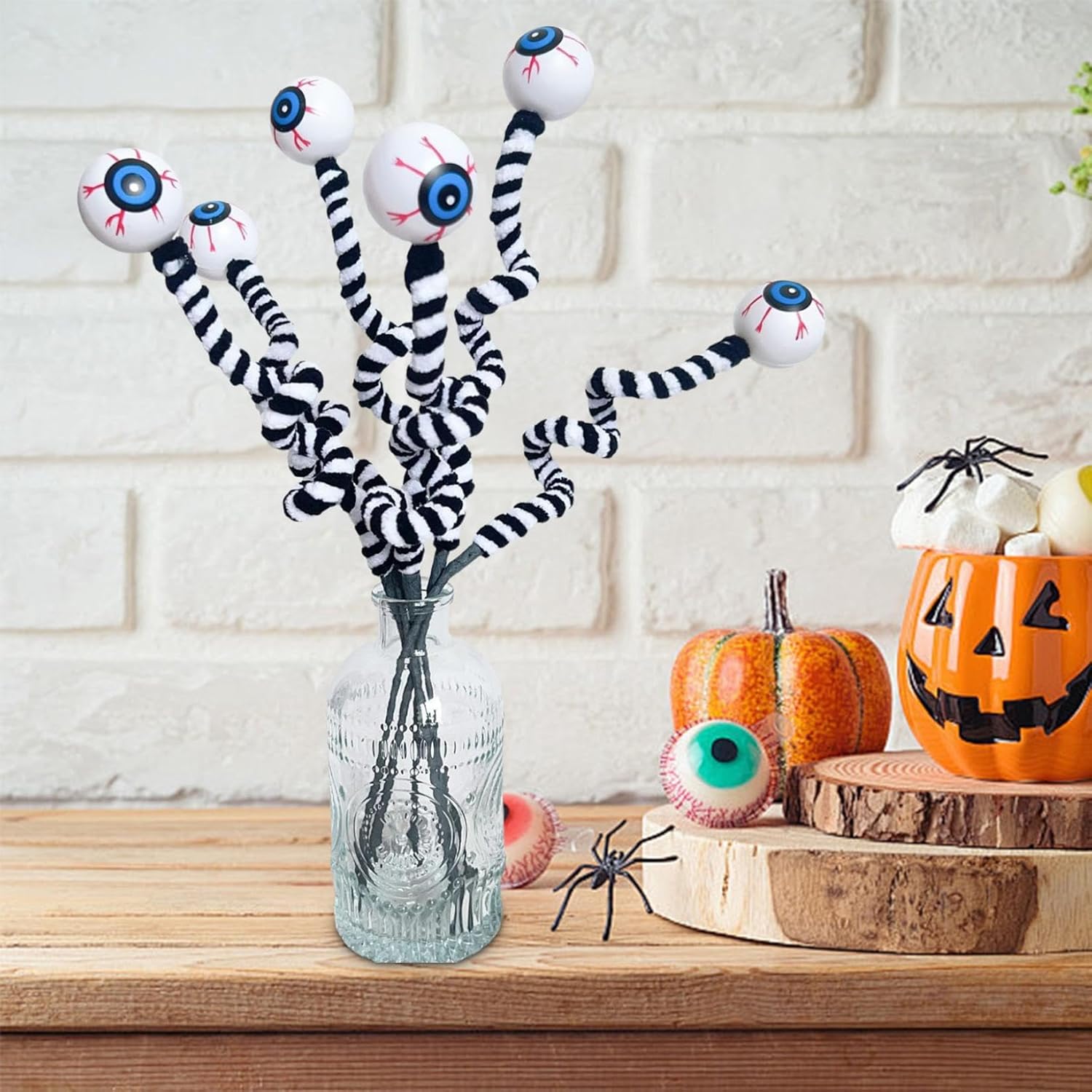 Halloween DIY Hanging Ornaments with Wool Bead Eyes on Twigs 6pcs