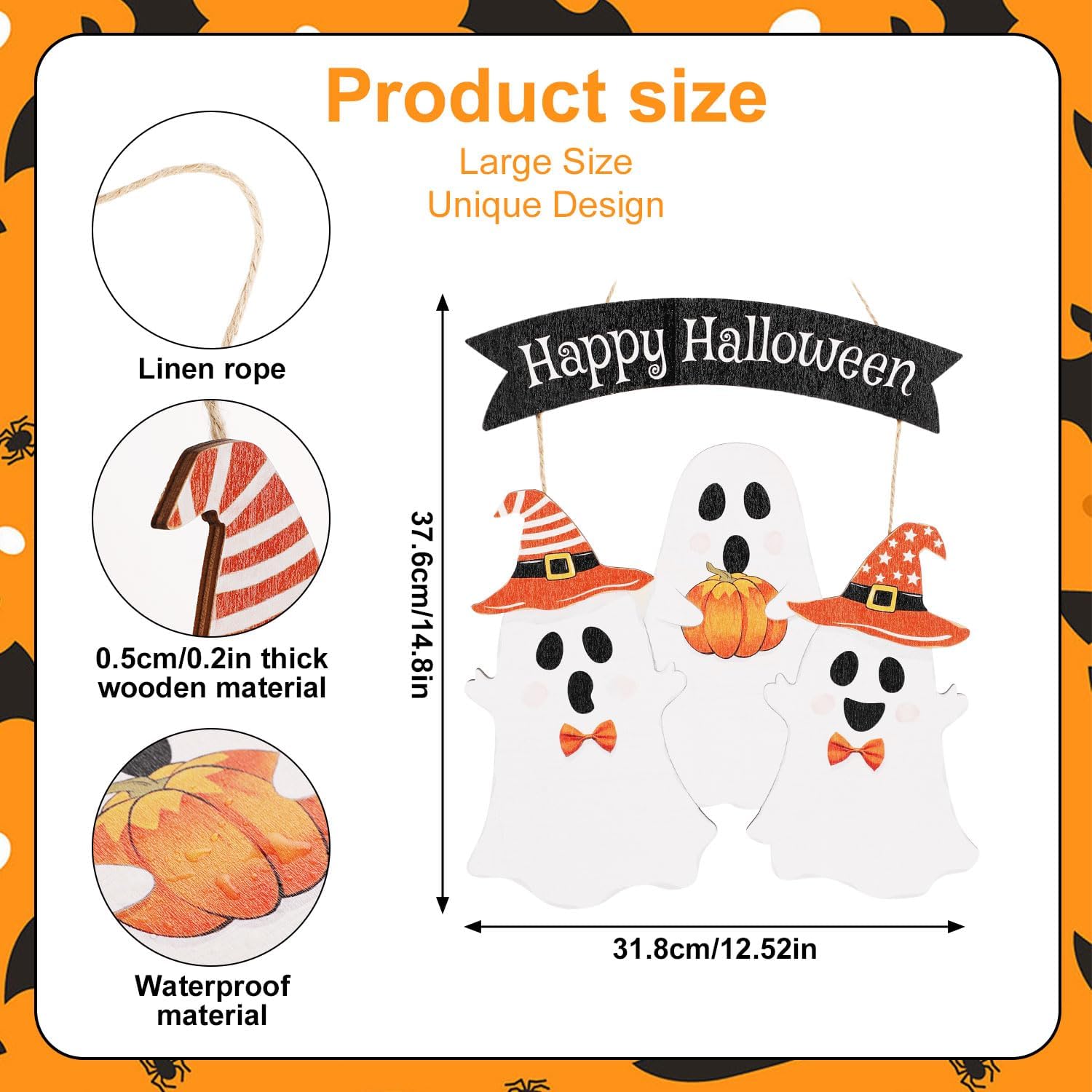 Ghost Halloween Door Sign Cute Happy Halloween Front Door Hanger Wooden Boo Decoration for Wall Porch Wreath