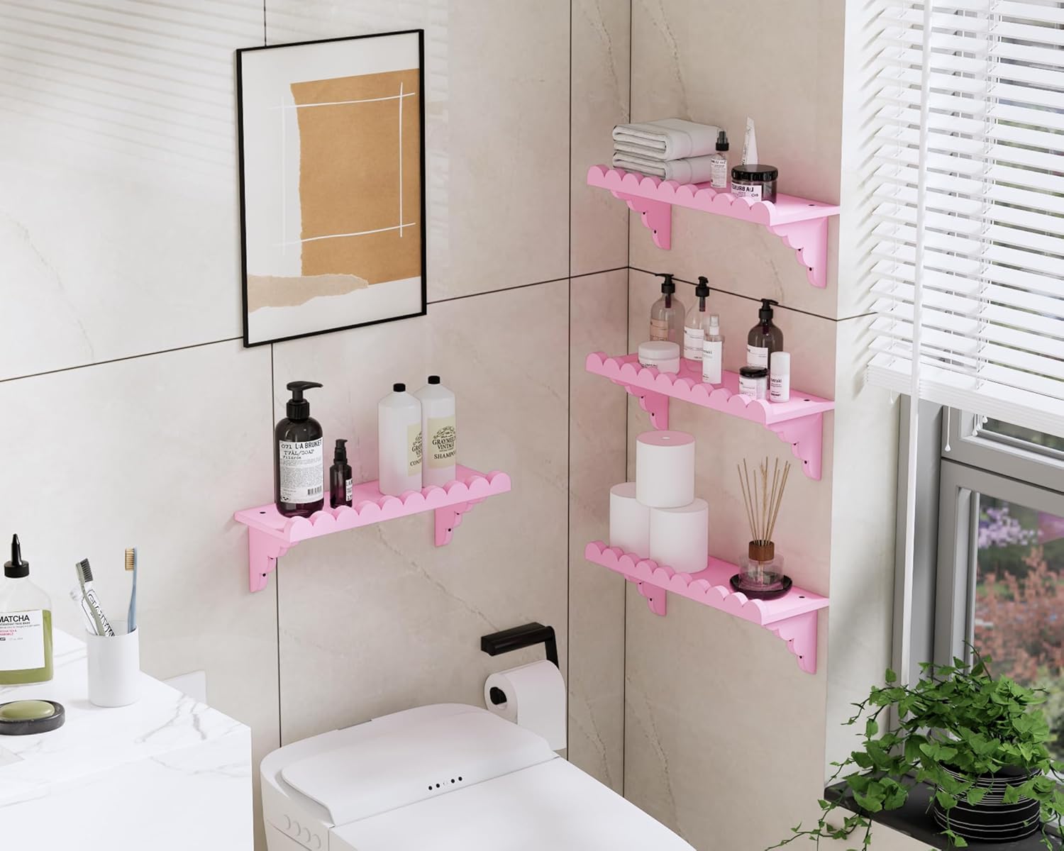 Scalloped Pink Floating Wall Shelf - 17 Inch Cute Decor Shelf for Bedroom Kitchen Bathroom