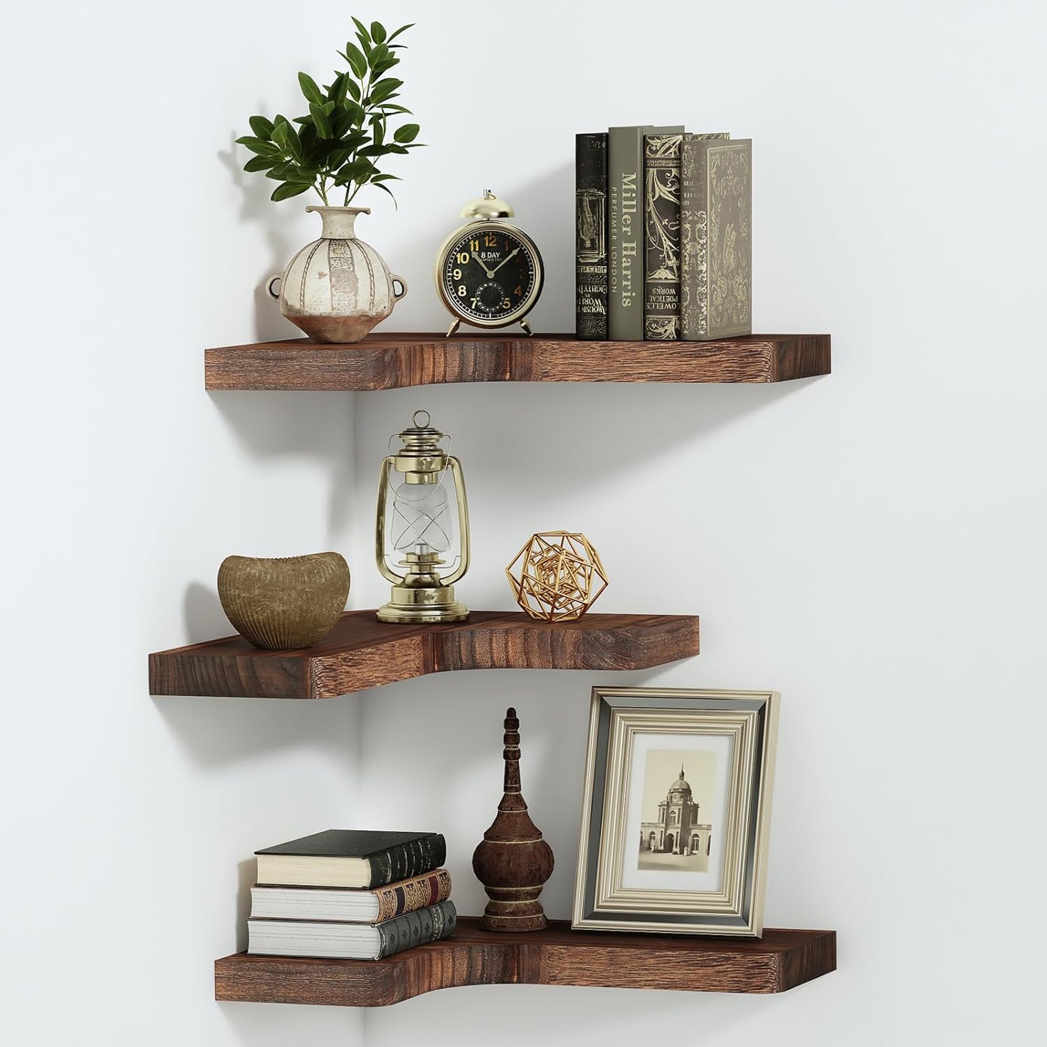 SAUMONIERES Corner Floating Shelves Set of 3 Rustic Brown Invisible Brackets